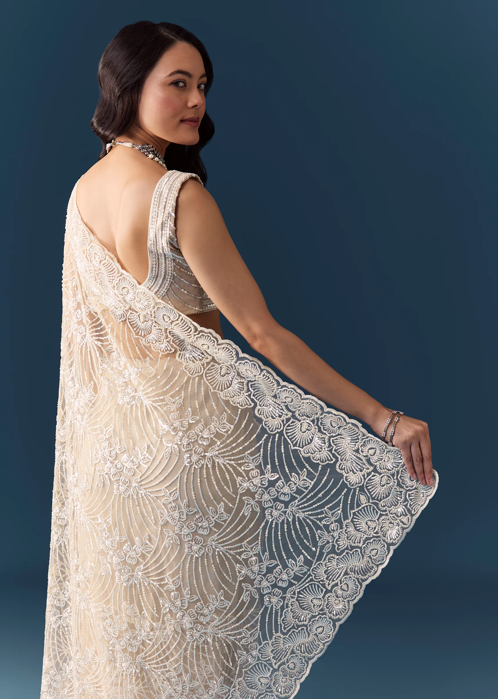 Beige Net Floral Jaal Sequin Work Saree with Unstitched Blouse - Image 5