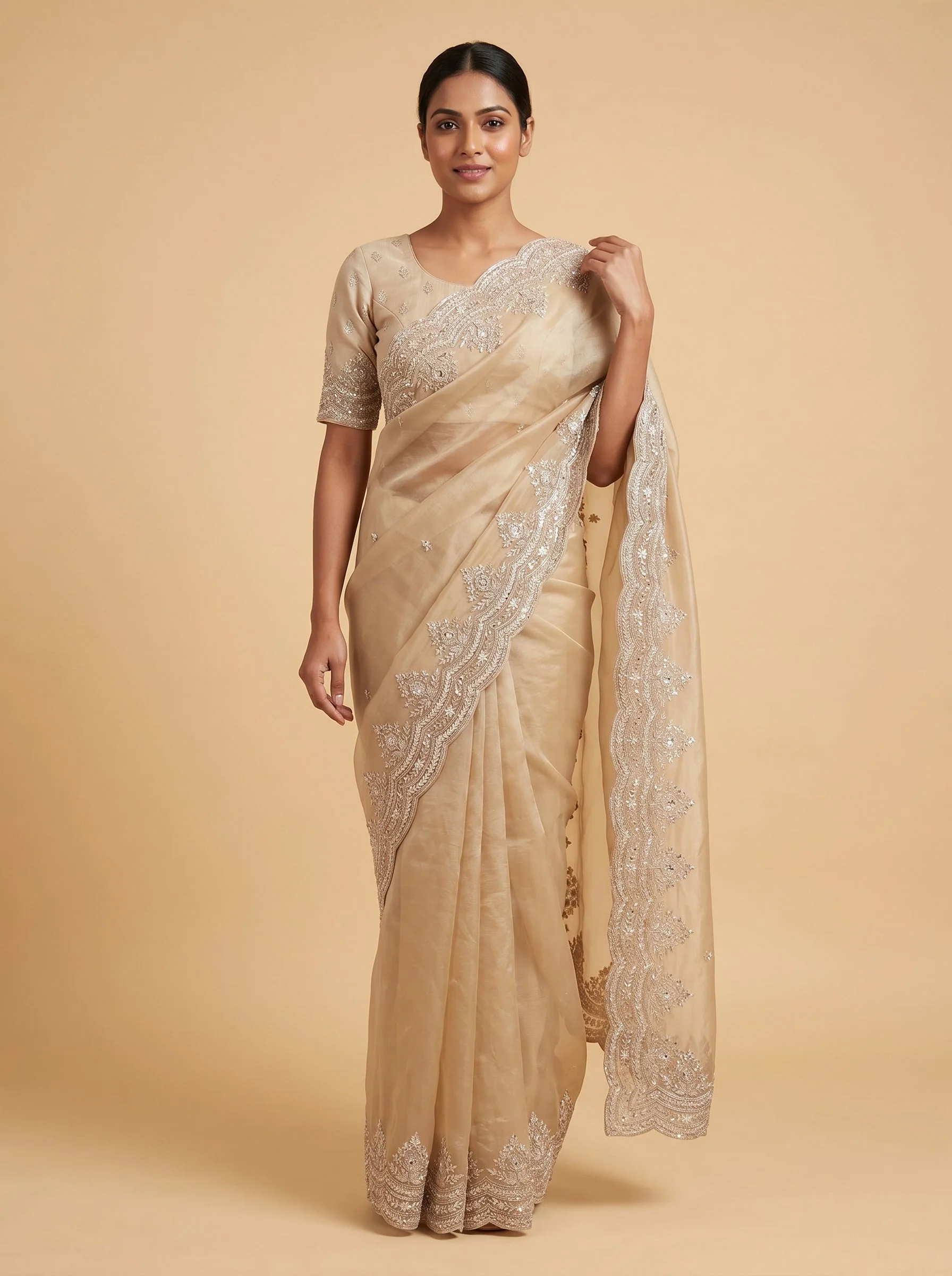 Beige Nude Luxe Embroidered Saree