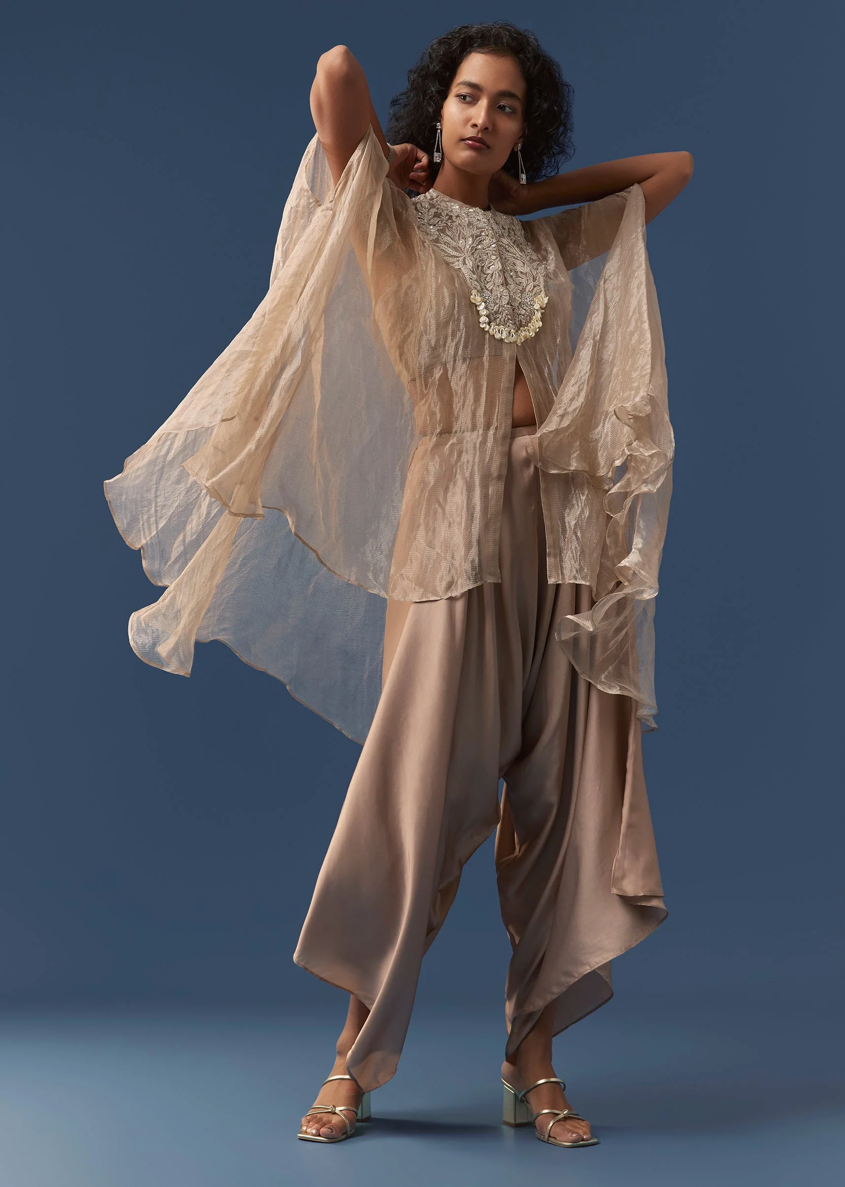 Beige Organza Indowestern Cape and Palazzo Set - Image 2