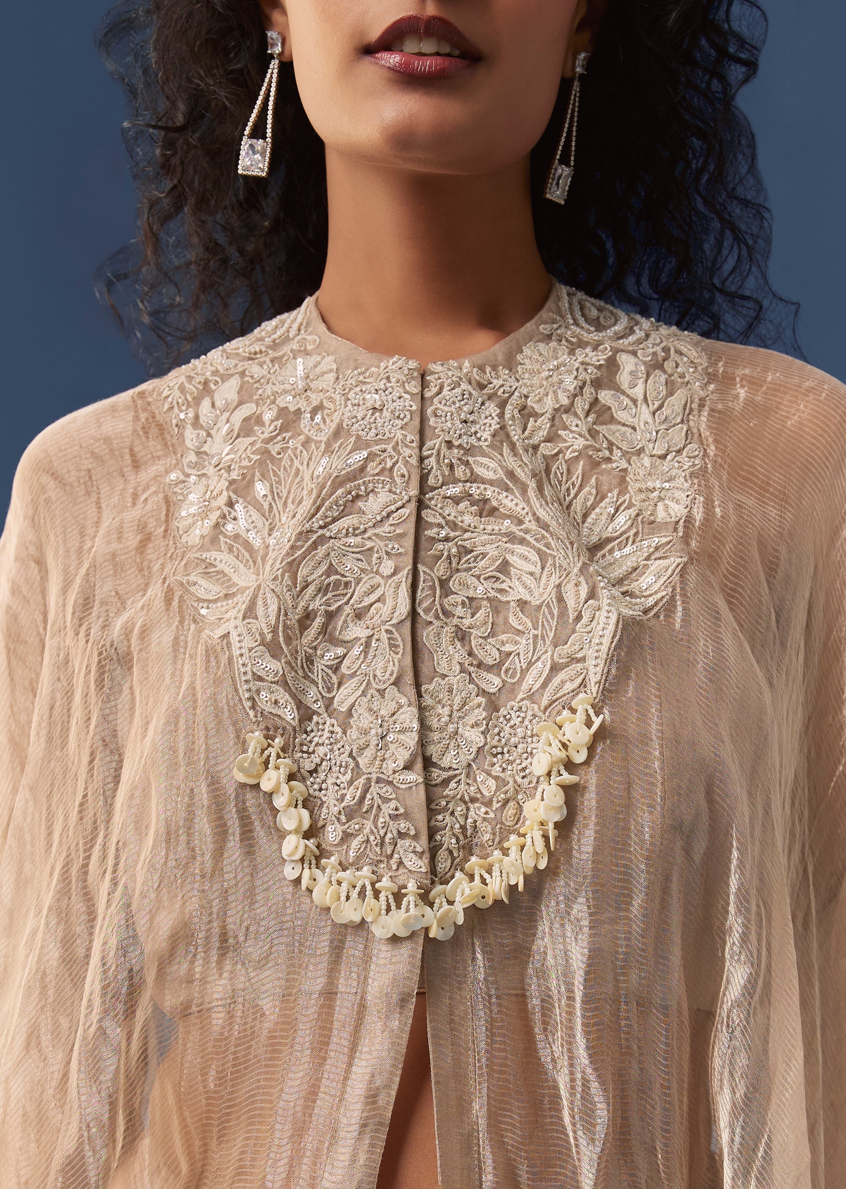 Beige Organza Indowestern Cape and Palazzo Set - Image 3