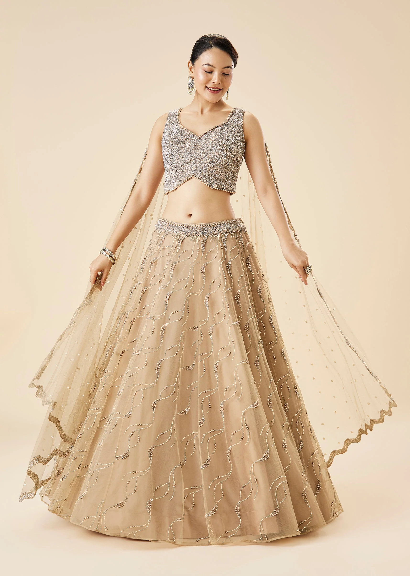 Beige Pastel Embroidered Lehenga Set With Dupatta