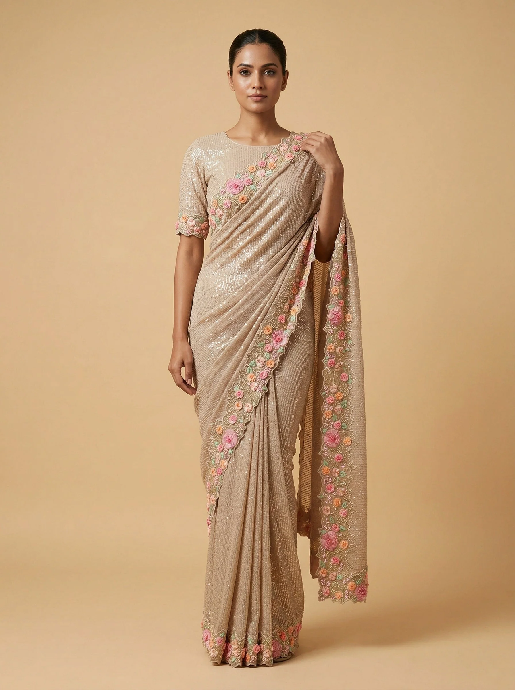 Beige Peaceful Embroidered Saree