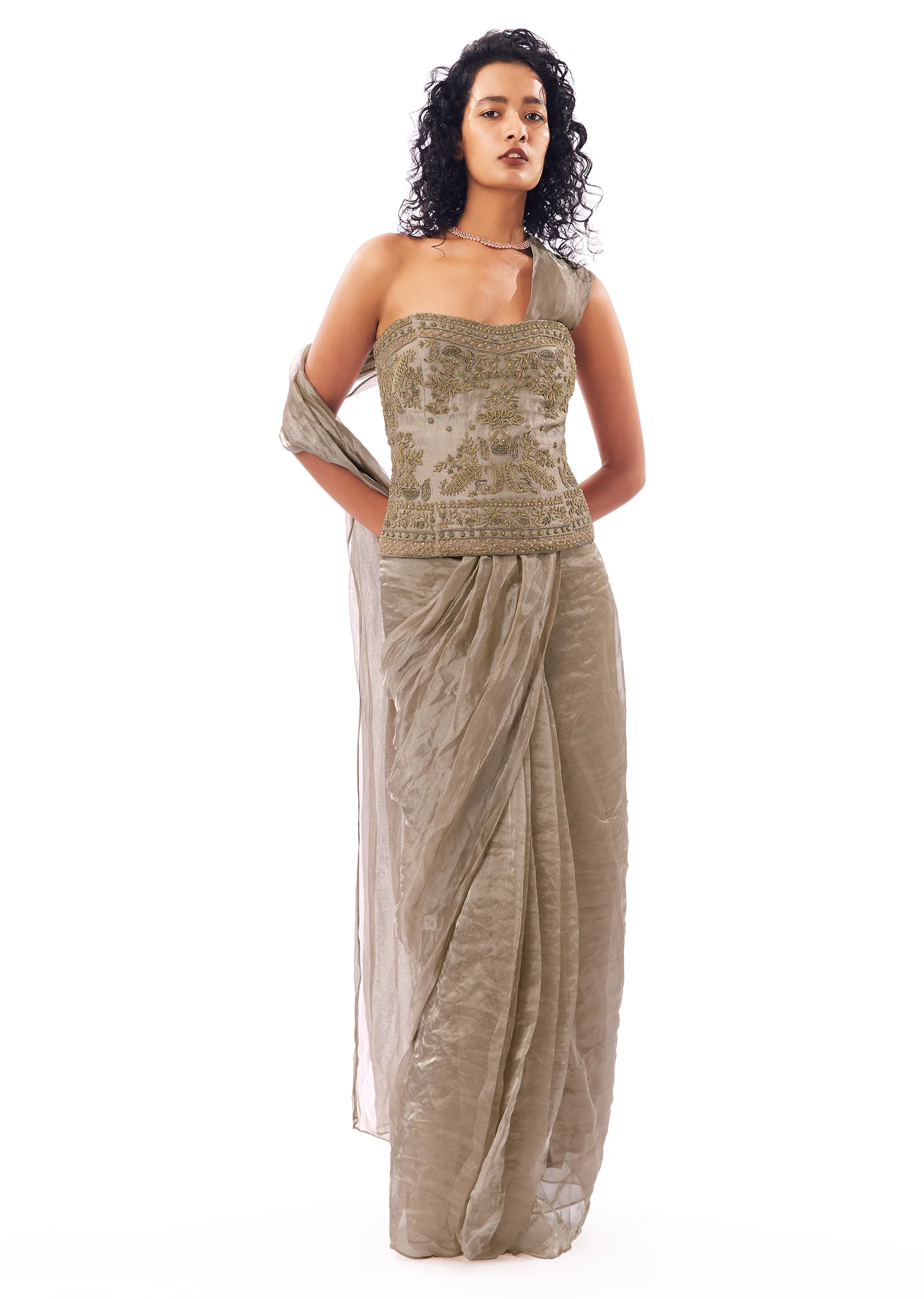 Beige Pre Draped Saree With Zardosi Corset Blouse - Image 3