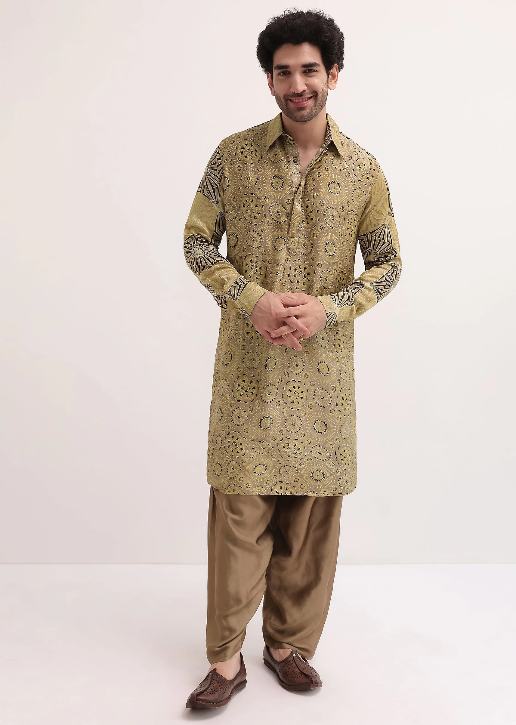 Beige Printed Kurta Patiala Set For Men - Image 3