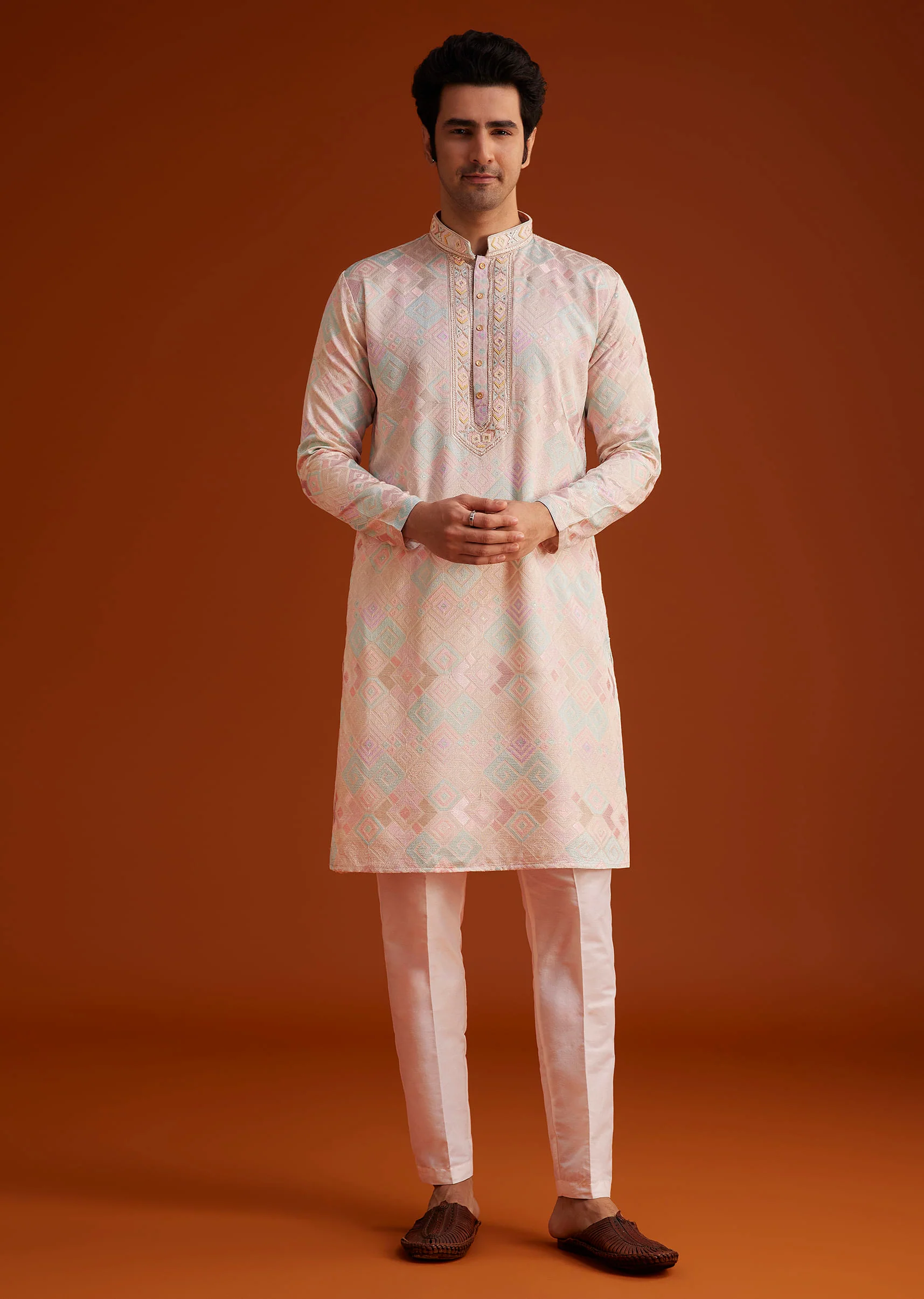 Beige Printed Silk Kurta Set Hand Embellishments - Image 4