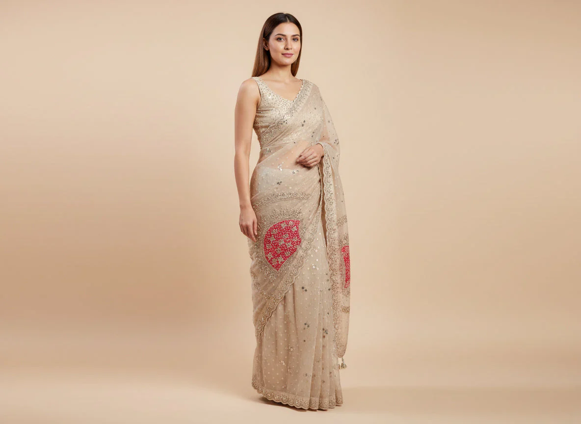 Beige Rani Blend Embroidered Saree