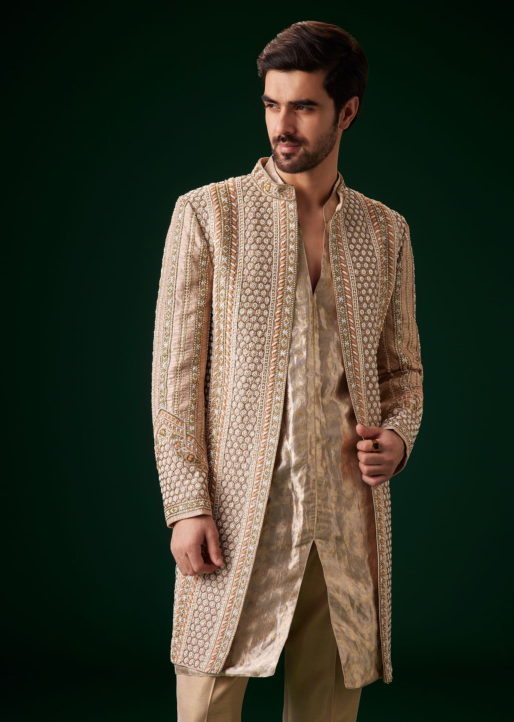 Beige Raw Silk Indowestern Sherwani Set - Image 4