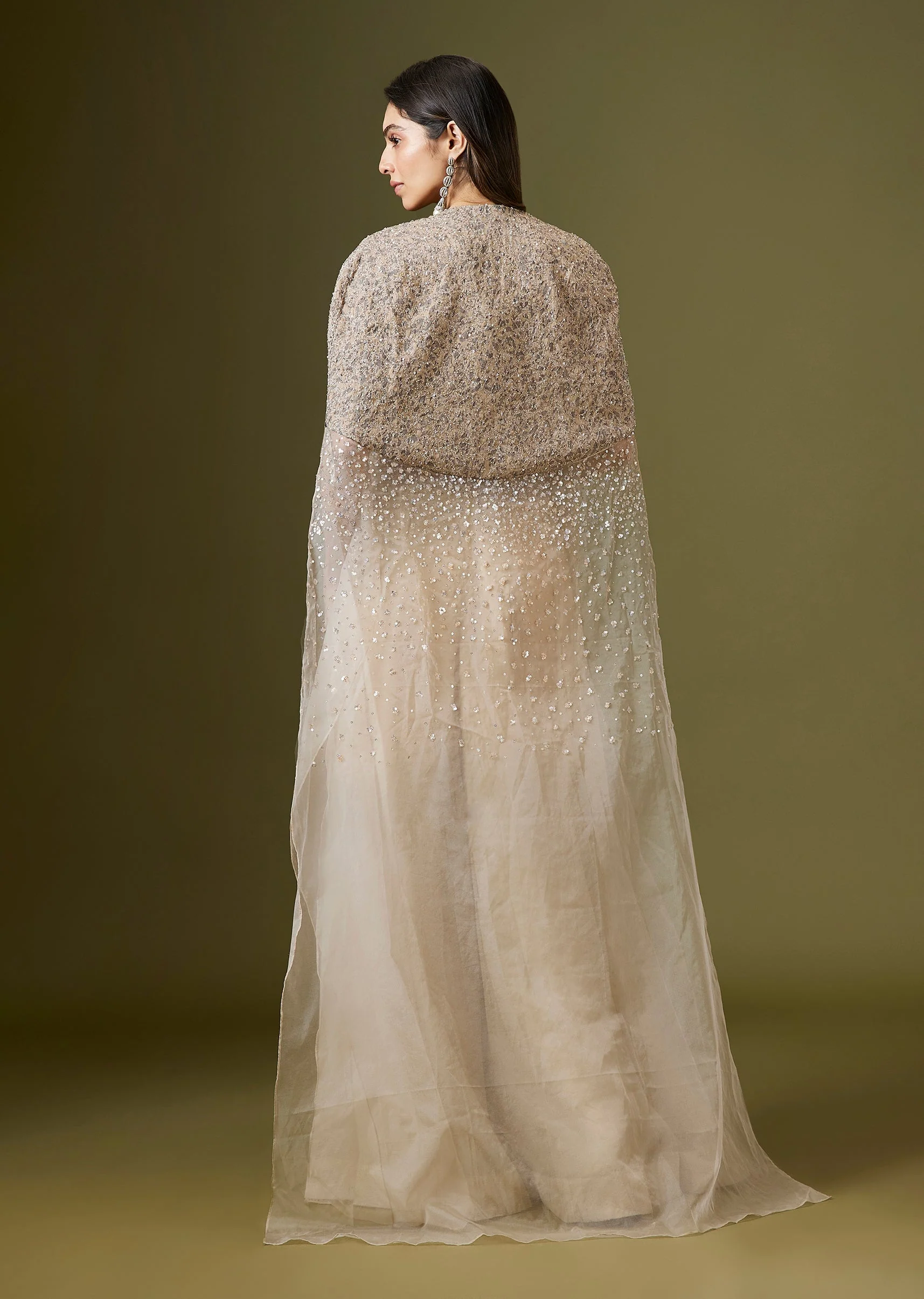 Beige Sequinned Crop Top Palazzo Set With Organza Cape - Image 5