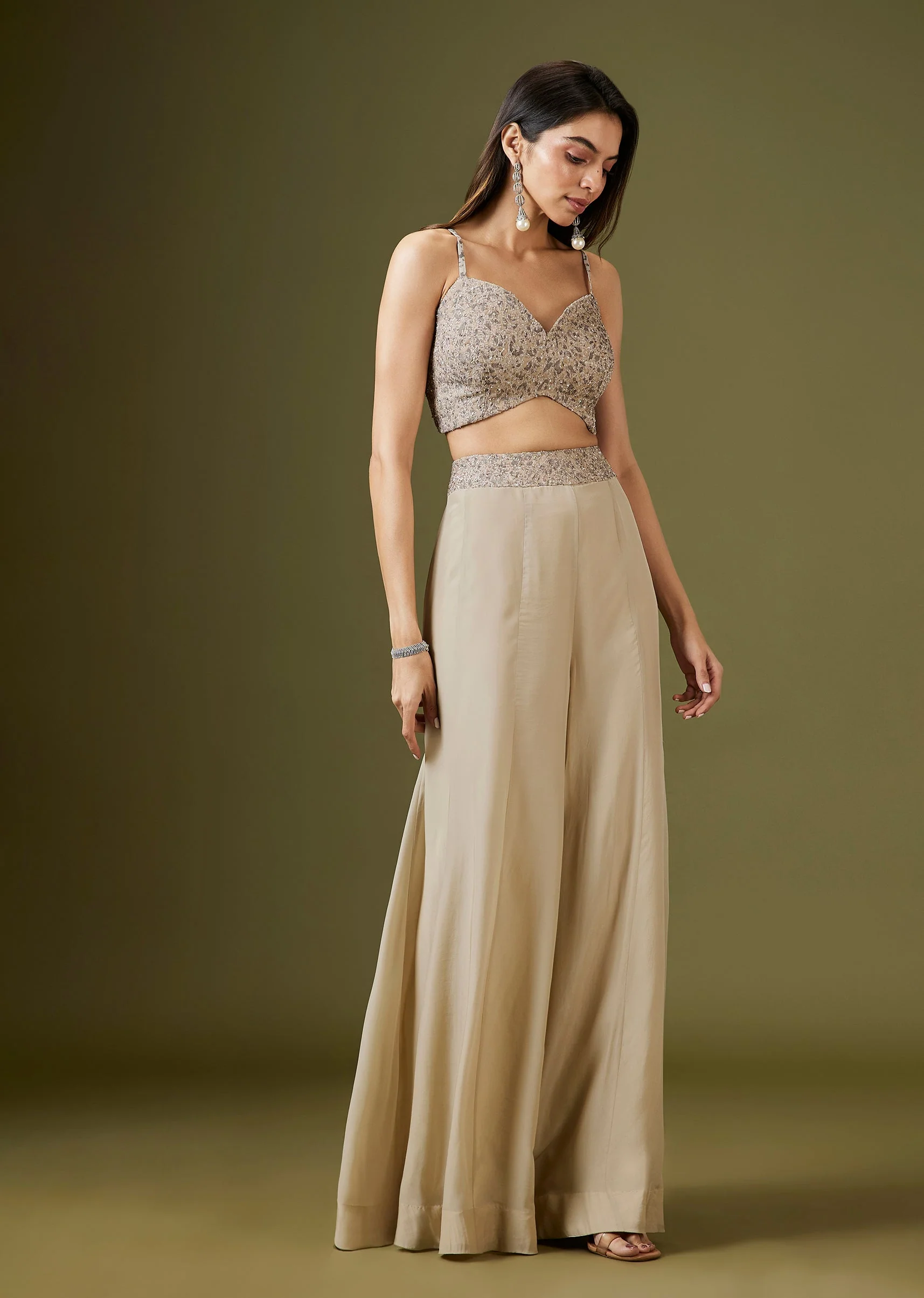 Beige Sequinned Crop Top Palazzo Set With Organza Cape - Image 6