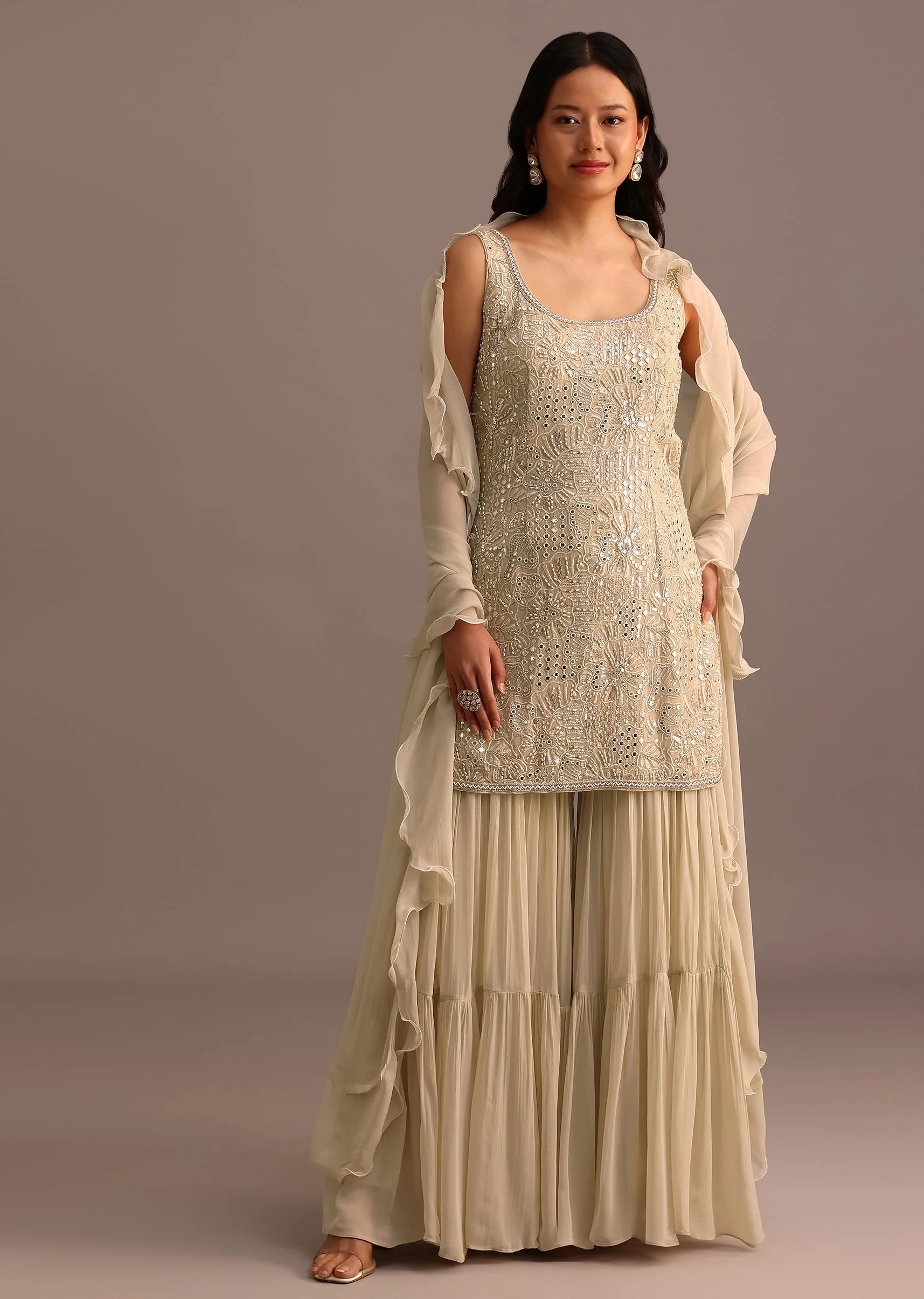 Beige Sequinned Sharara Suit Set