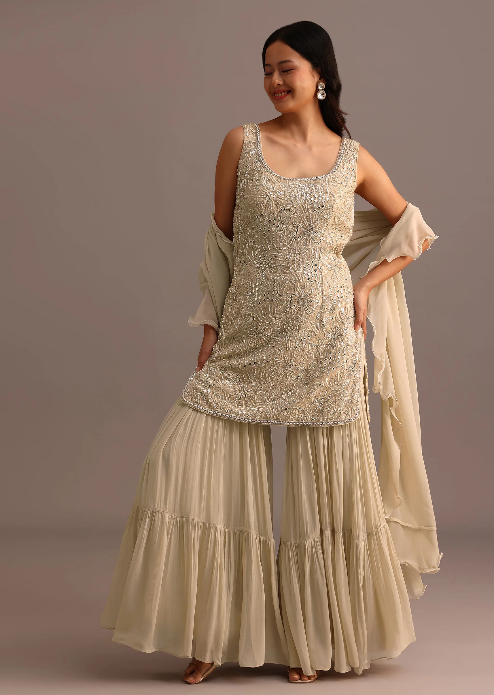 Beige Sequinned Sharara Suit Set - Image 3