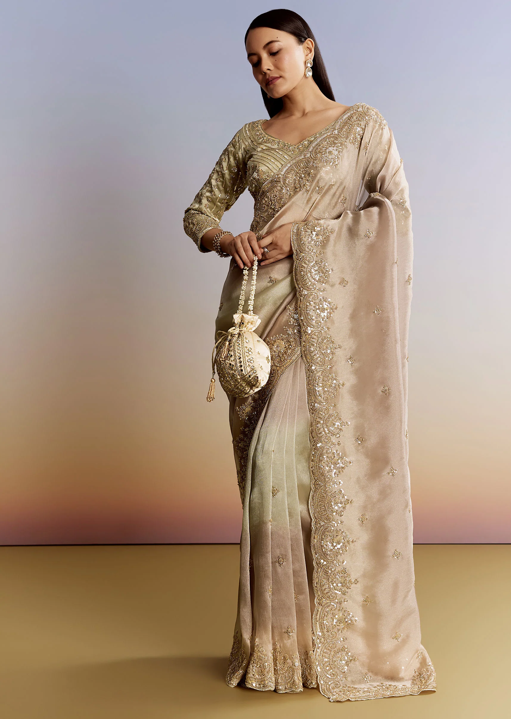 Beige Shaded Tissue Saree With Sequins Beads And Cutdana - Image 3