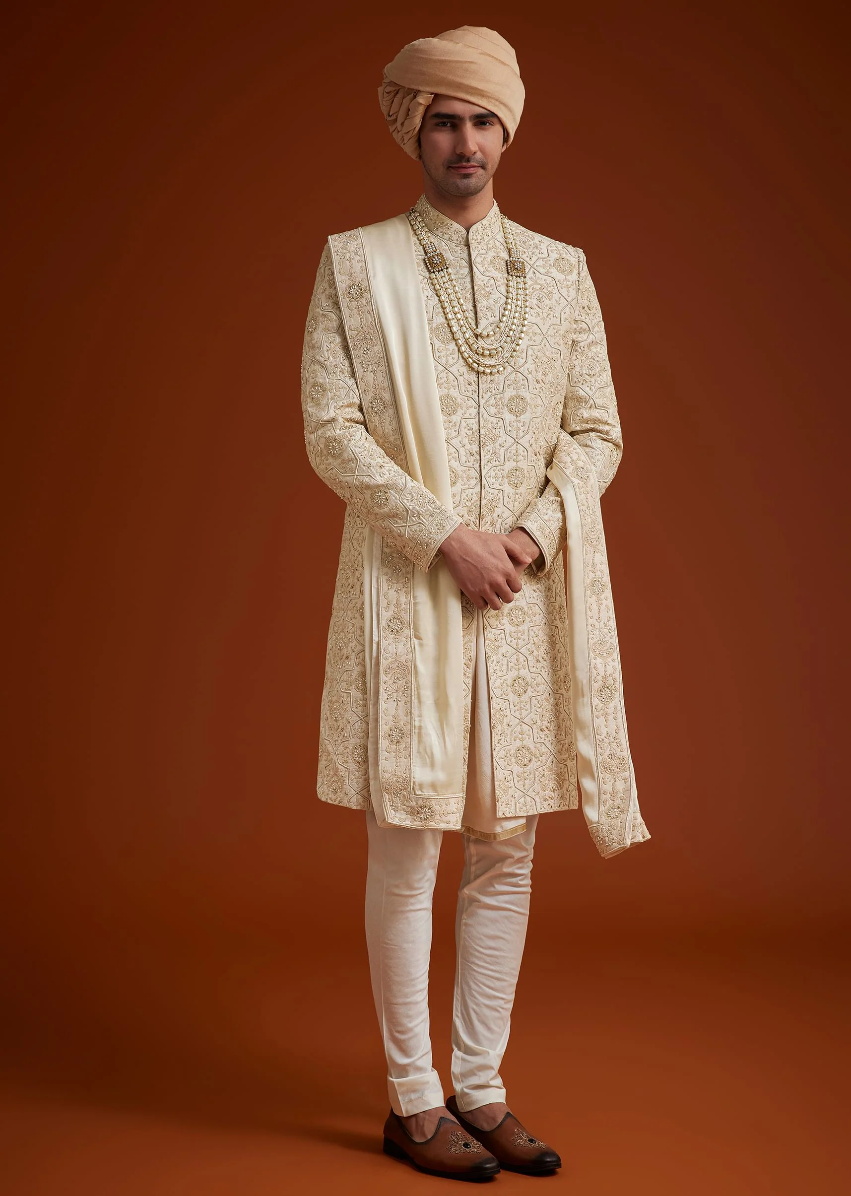 Beige Sherwani Set With Dori And Thread Work - Image 3