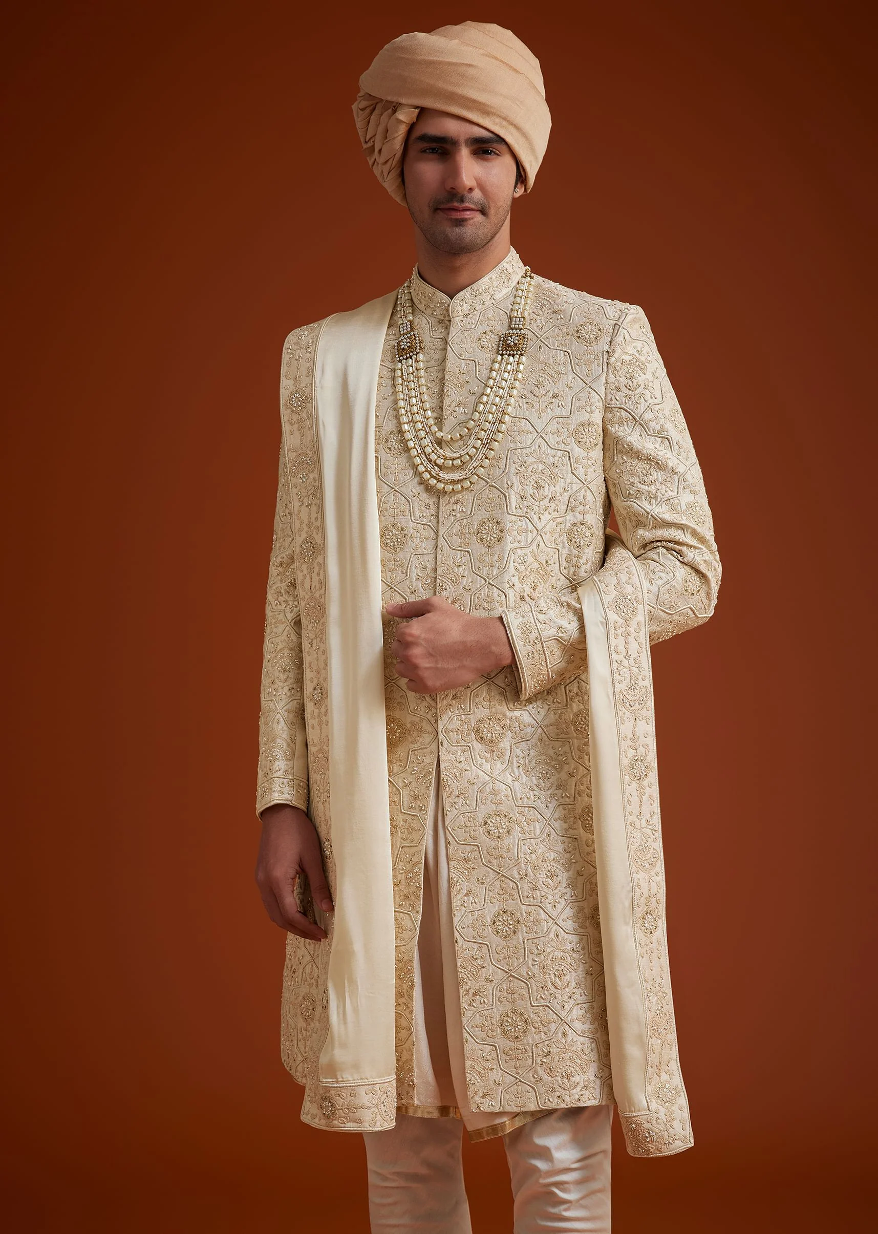 Beige Sherwani Set With Dori And Thread Work - Image 4