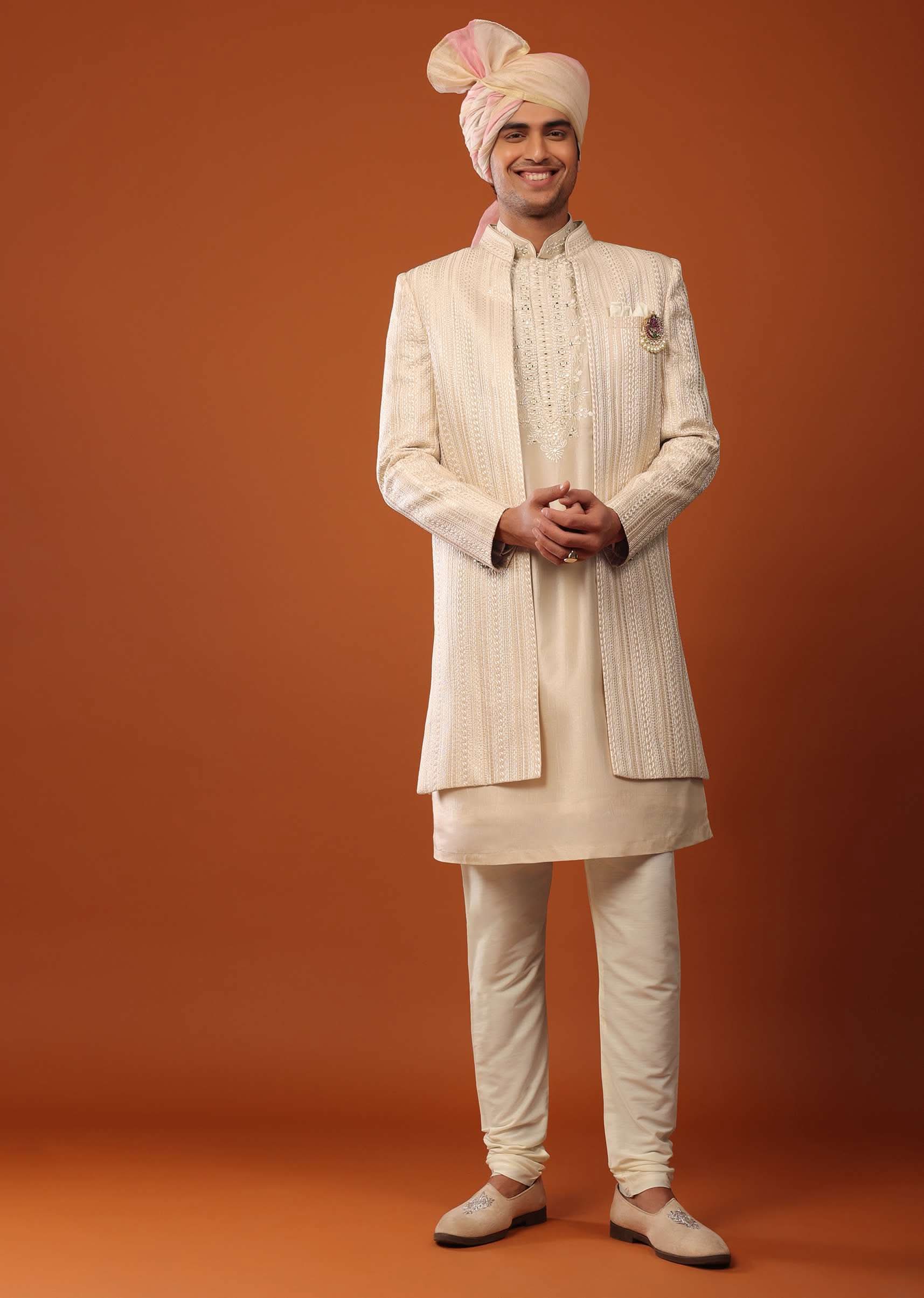 Beige Sherwani With Resham And Mirror Work - Image 4