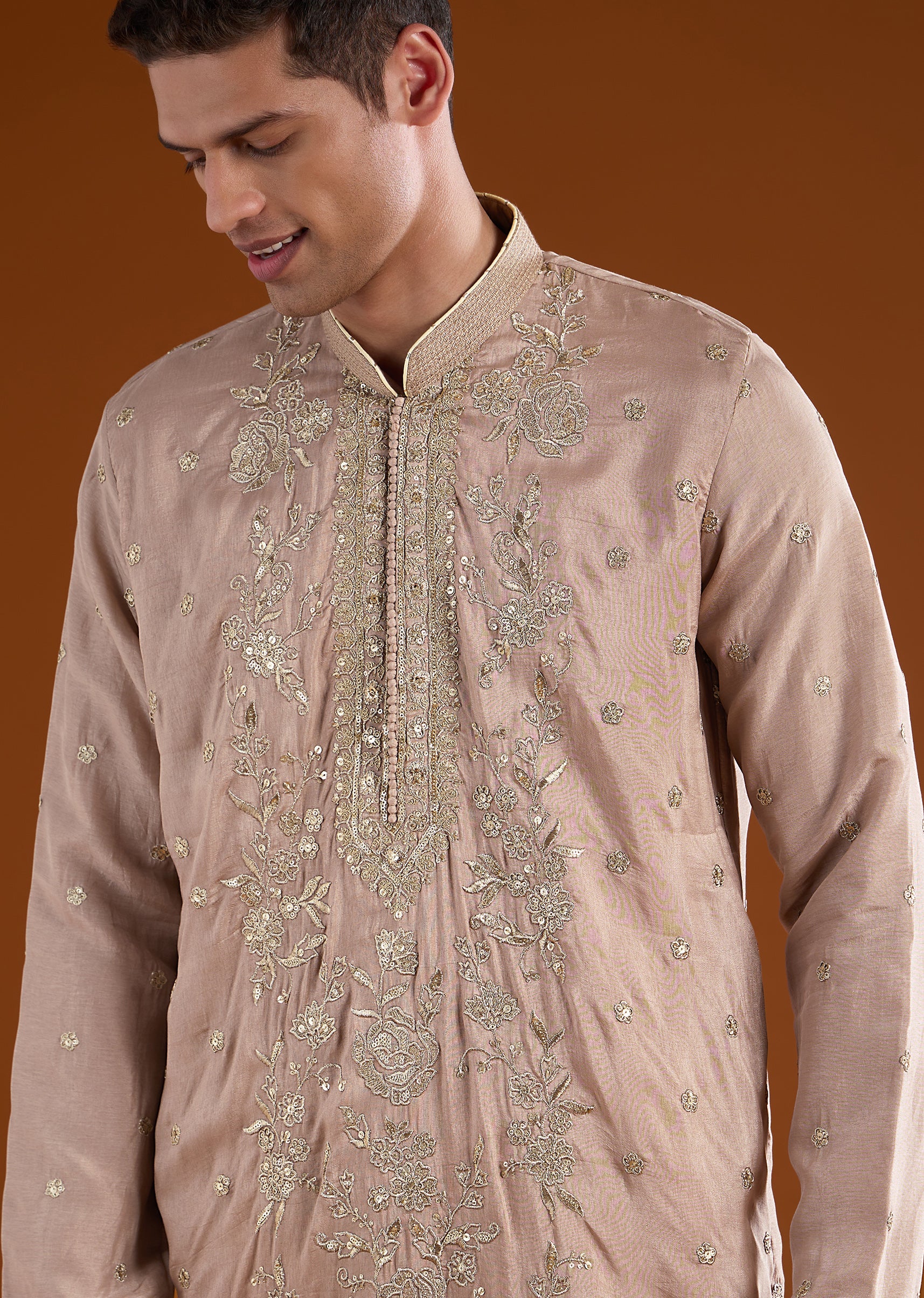 Beige Silk All Over Hand Embroidered Kurta Set - Image 2