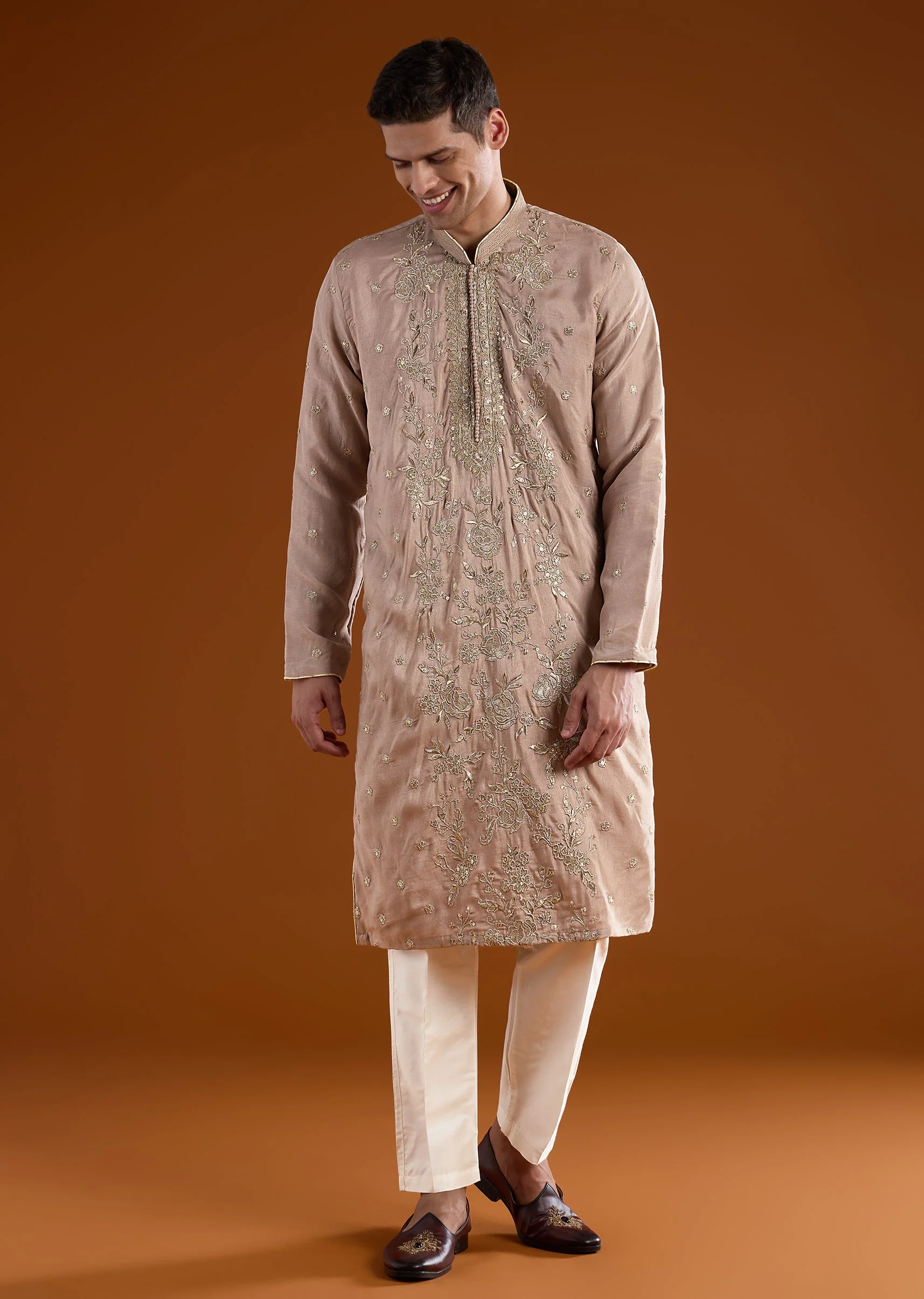 Beige Silk All Over Hand Embroidered Kurta Set - Image 3