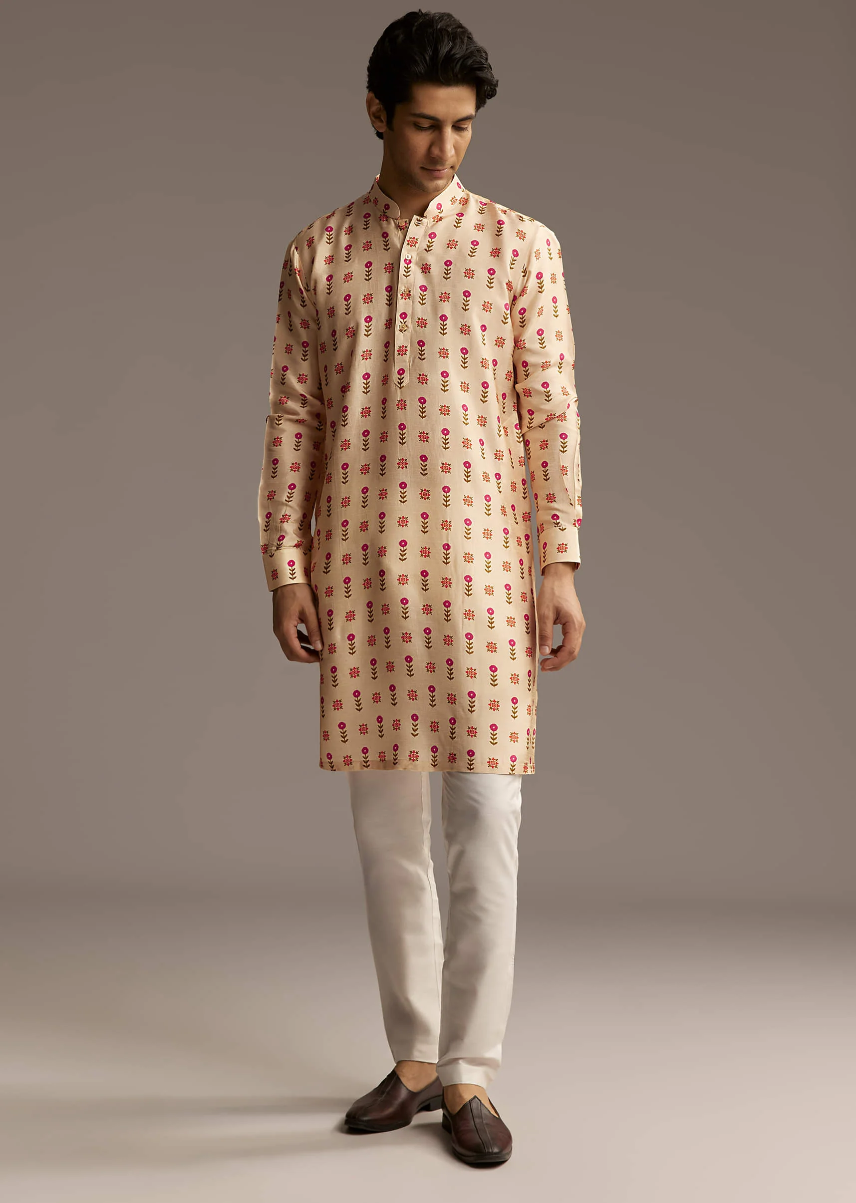 Beige Silk Designer Kurta For Men With Floral Print - Image 4