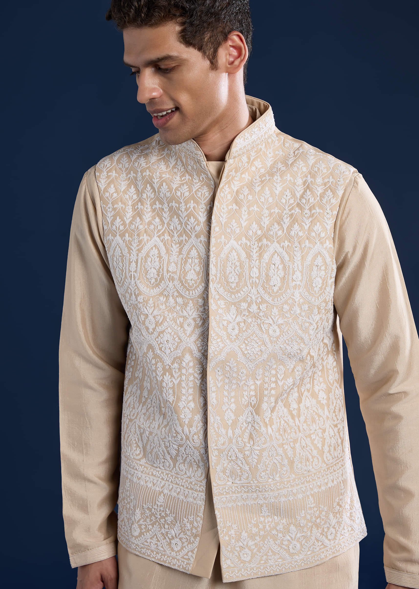 Beige Silk Jacket and Kurta Set with Resham Work - Image 2
