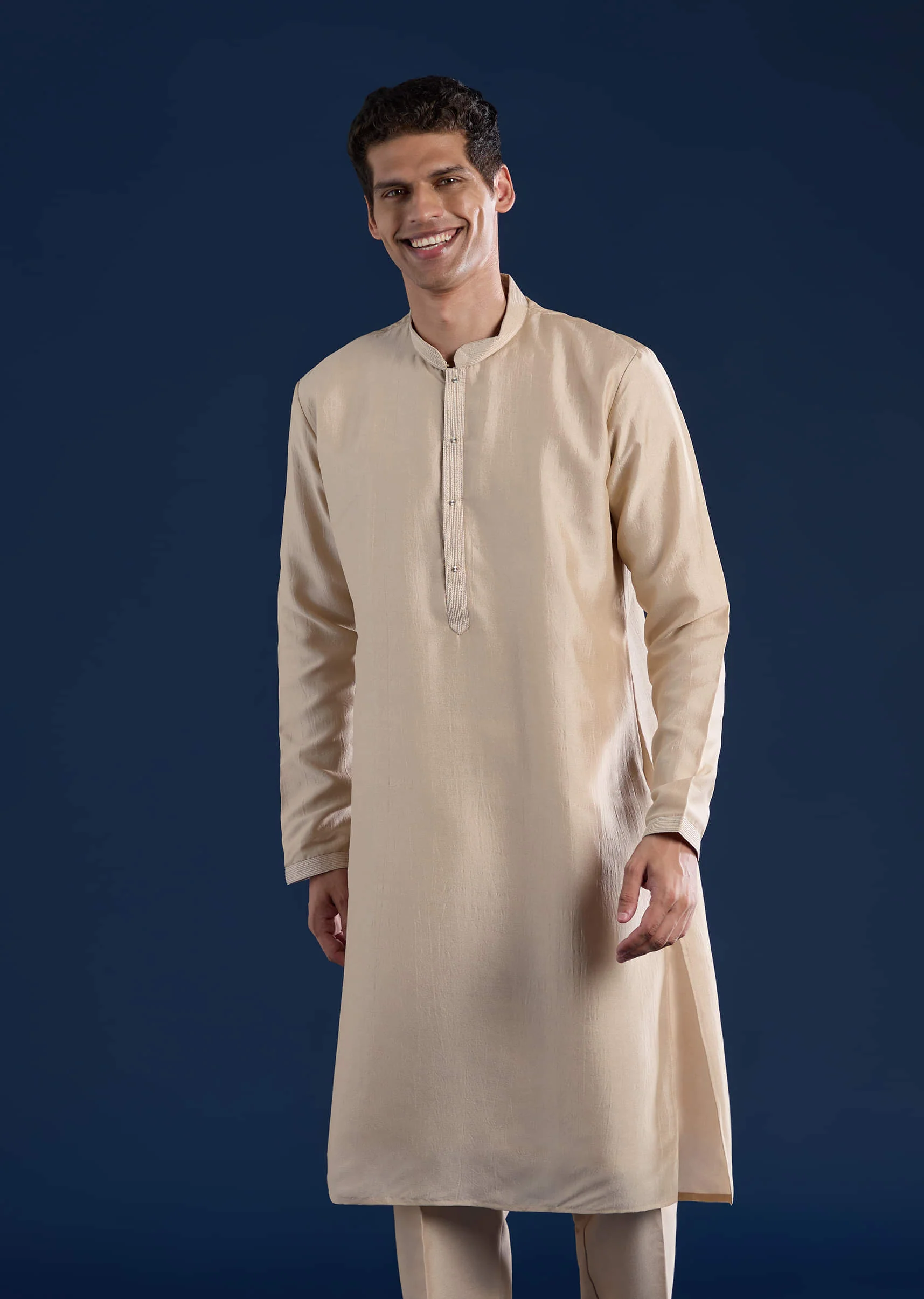 Beige Silk Jacket and Kurta Set with Resham Work - Image 6