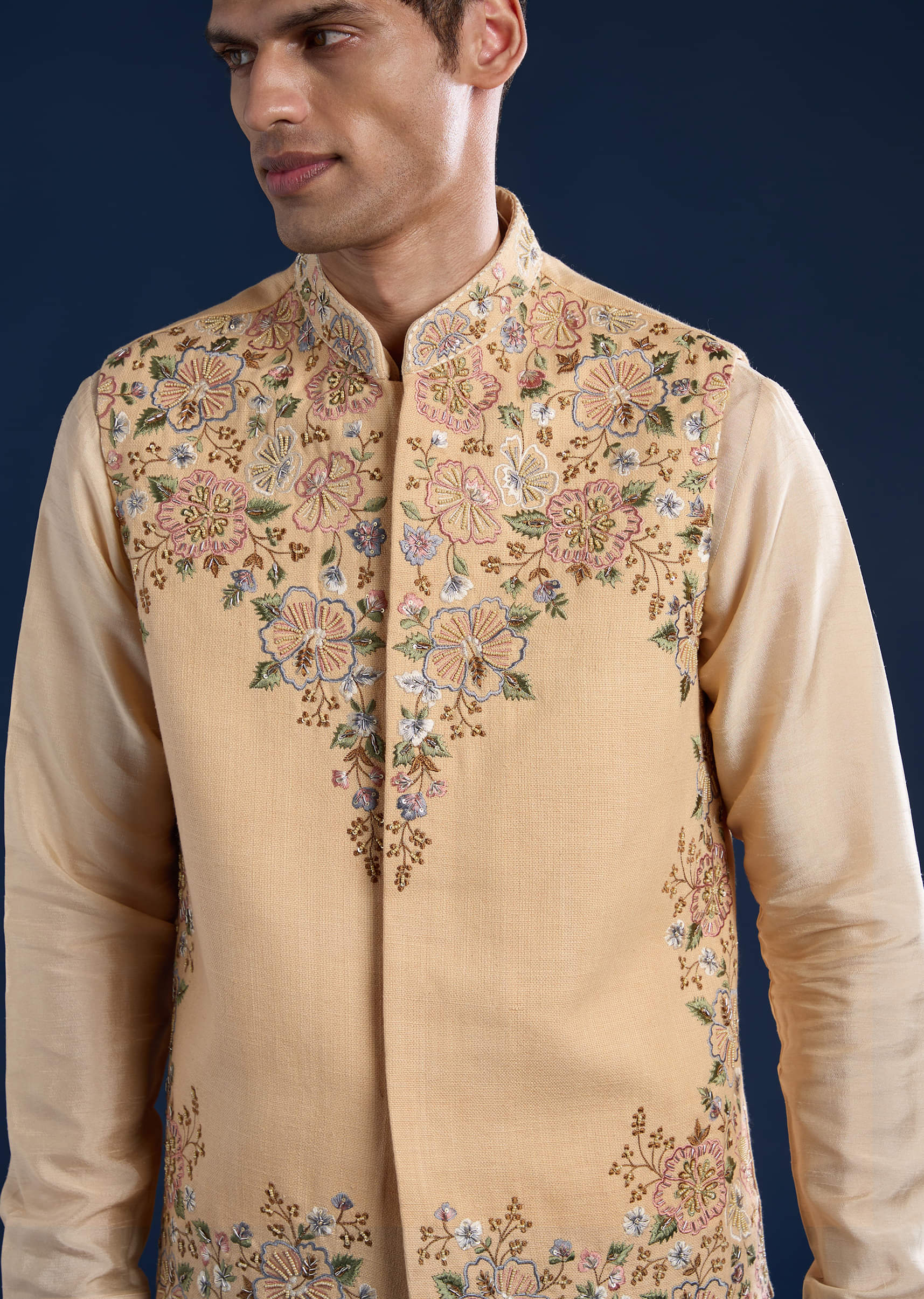 Beige Silk Jacket Kurta Set with French Knot - Image 2