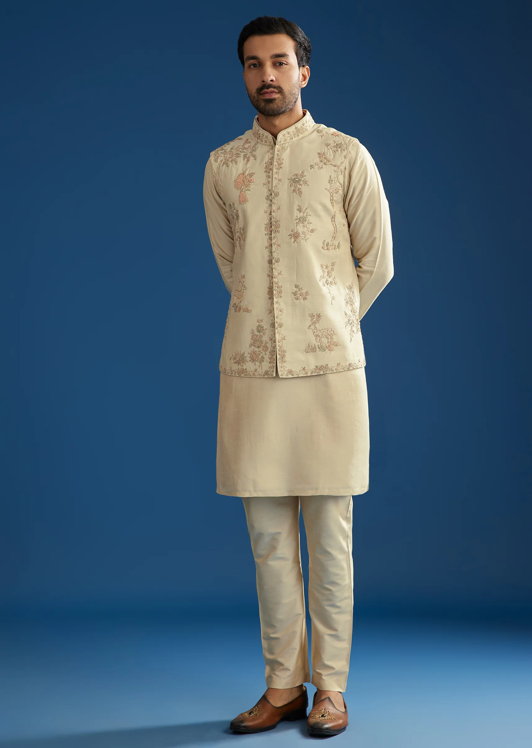 Beige Silk Kurta Jacket Set With Cutdana Work - Image 3