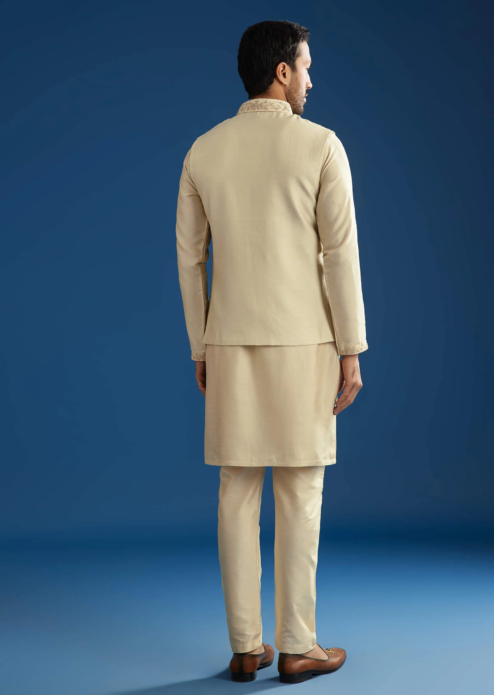 Beige Silk Kurta Jacket Set With Cutdana Work - Image 5