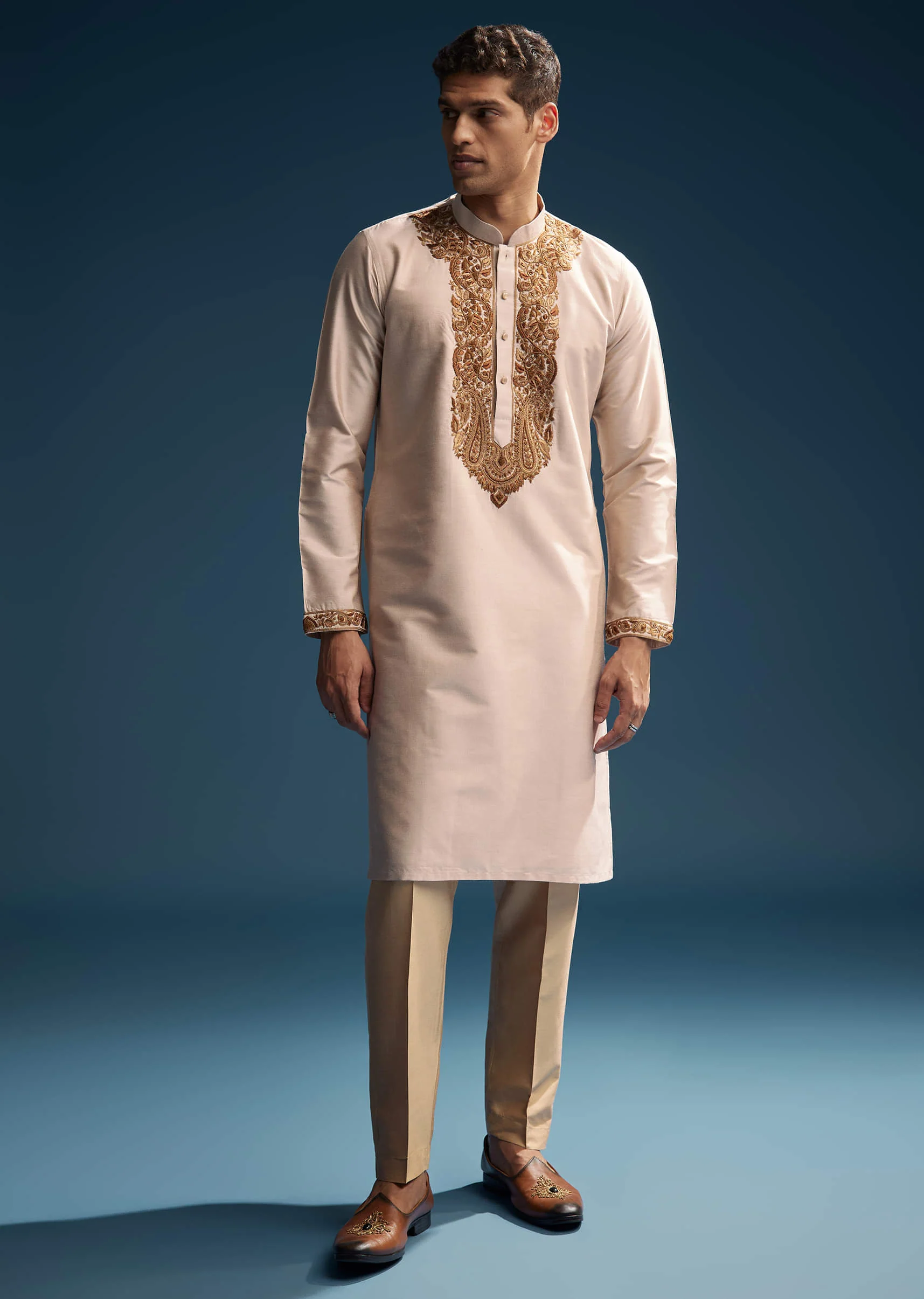 Beige Silk Kurta Set For Men With Resham Hand Embroidery - Image 3