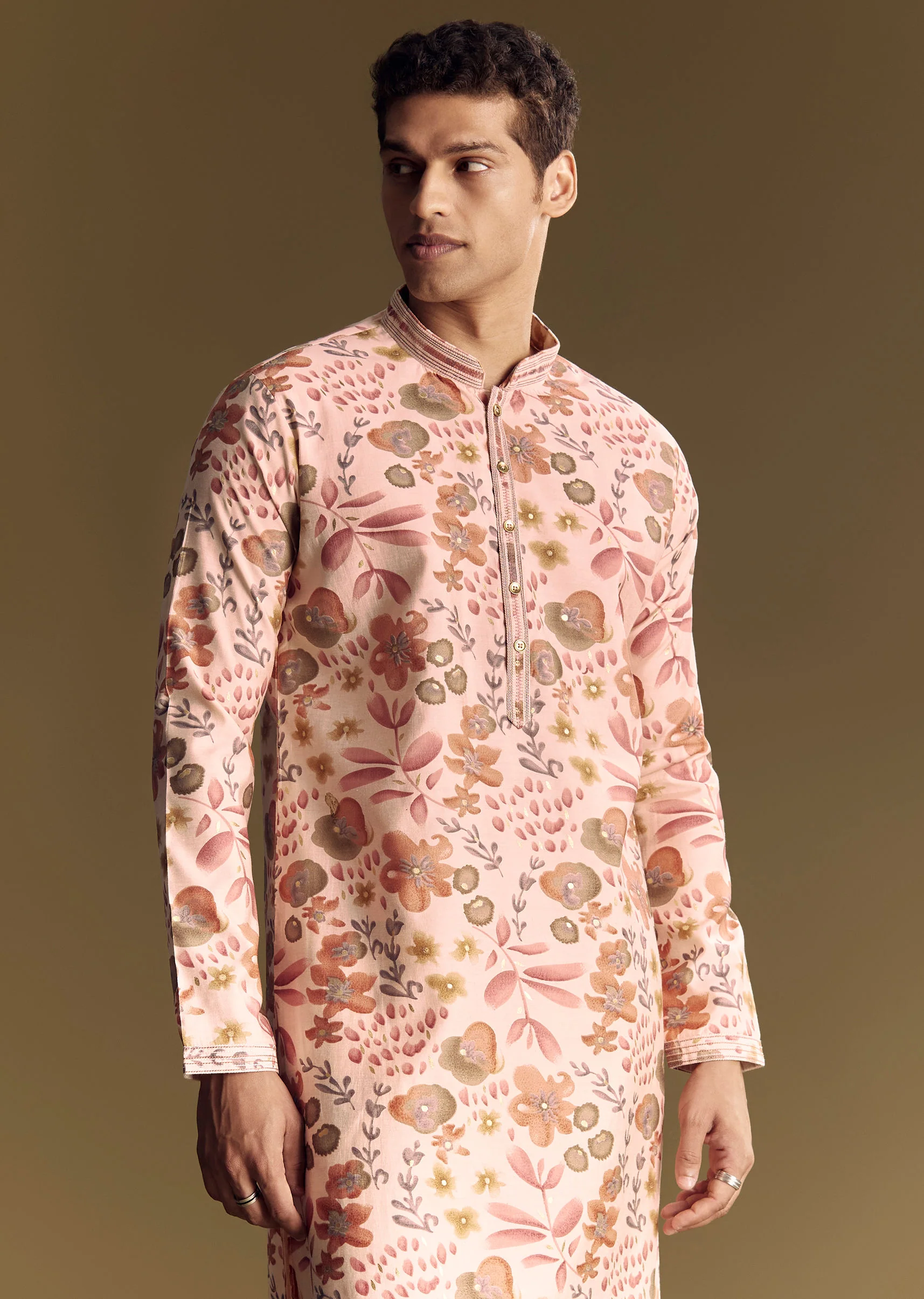 Beige Silk Kurta Set With Floral Foil Accents And Stone Detailing - Image 3