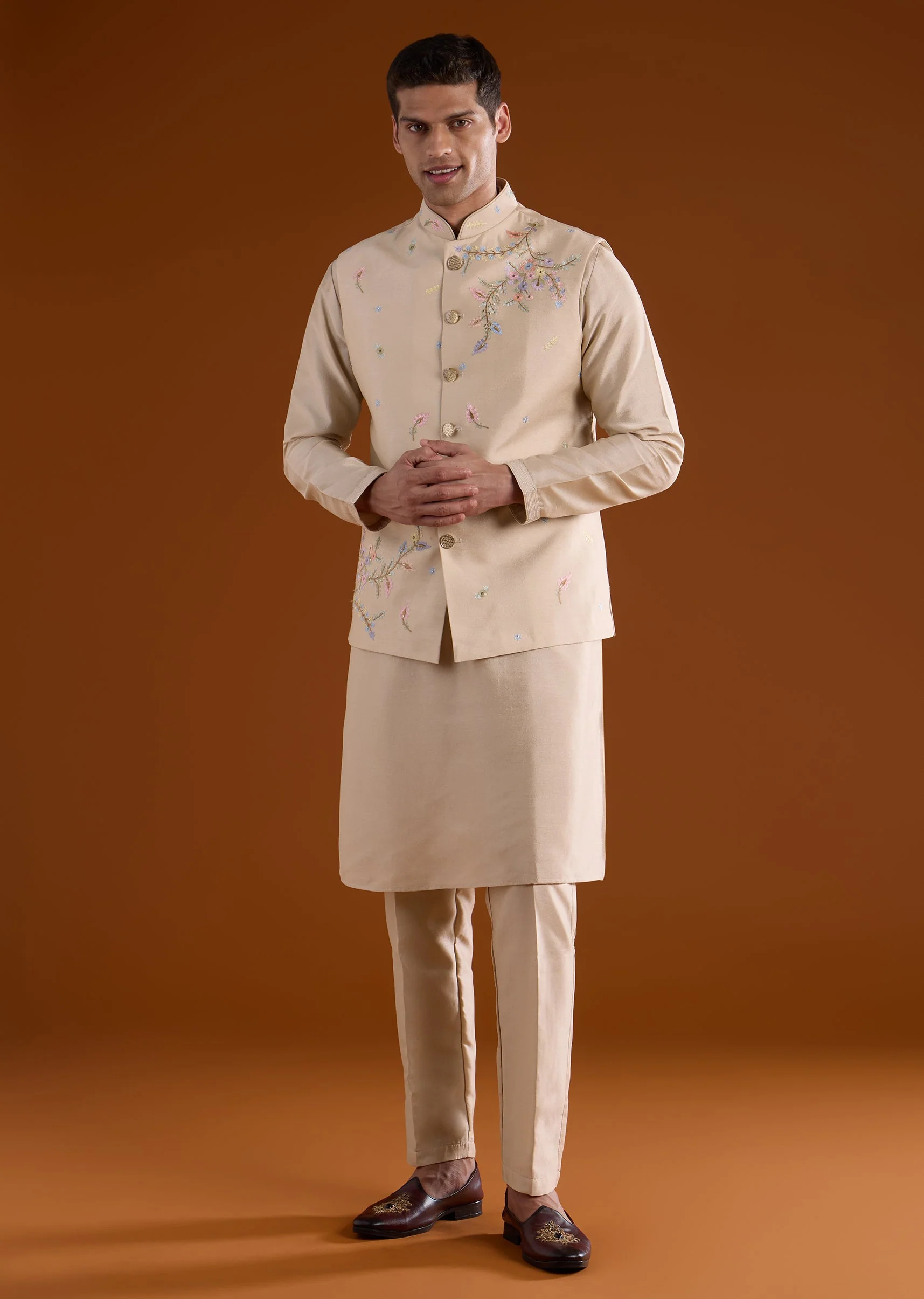Beige Silk Mens Kurta Jacket Set With Thread And Motif Work