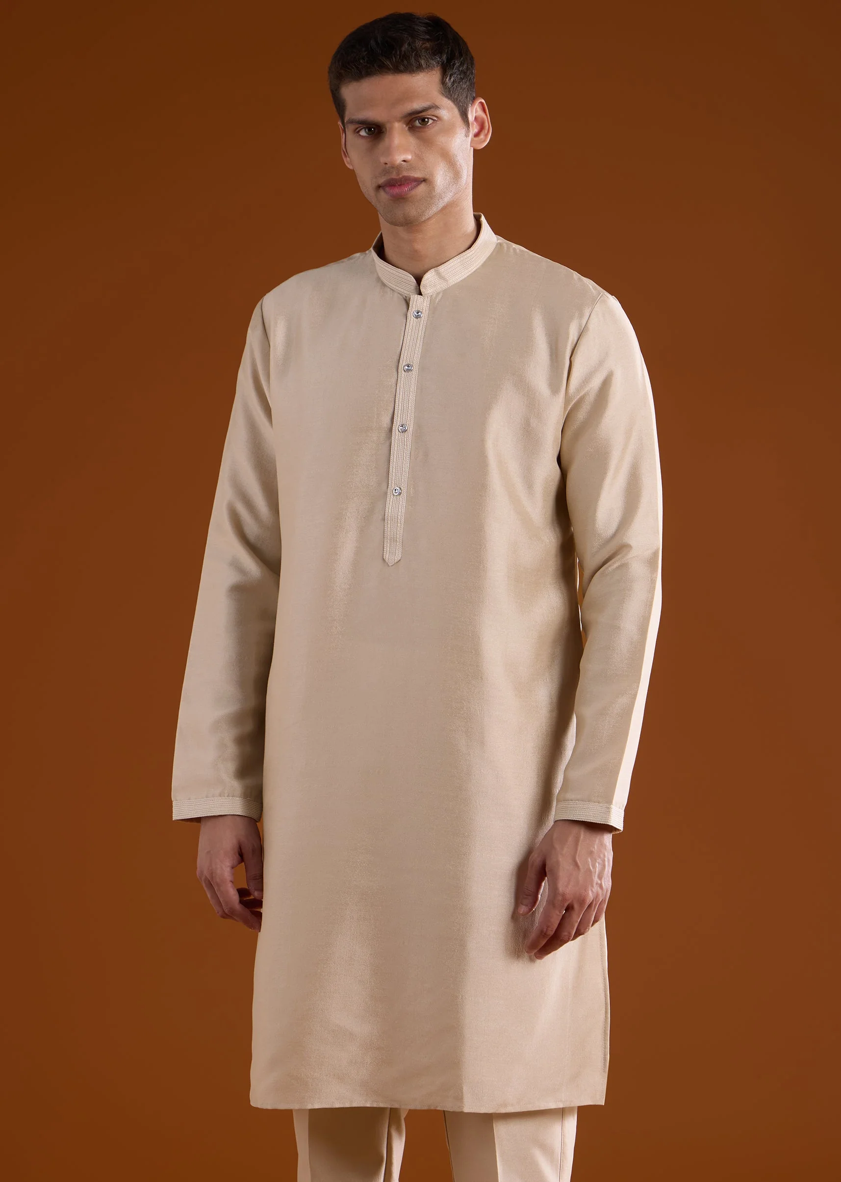 Beige Silk Mens Kurta Jacket Set With Thread And Motif Work - Image 6