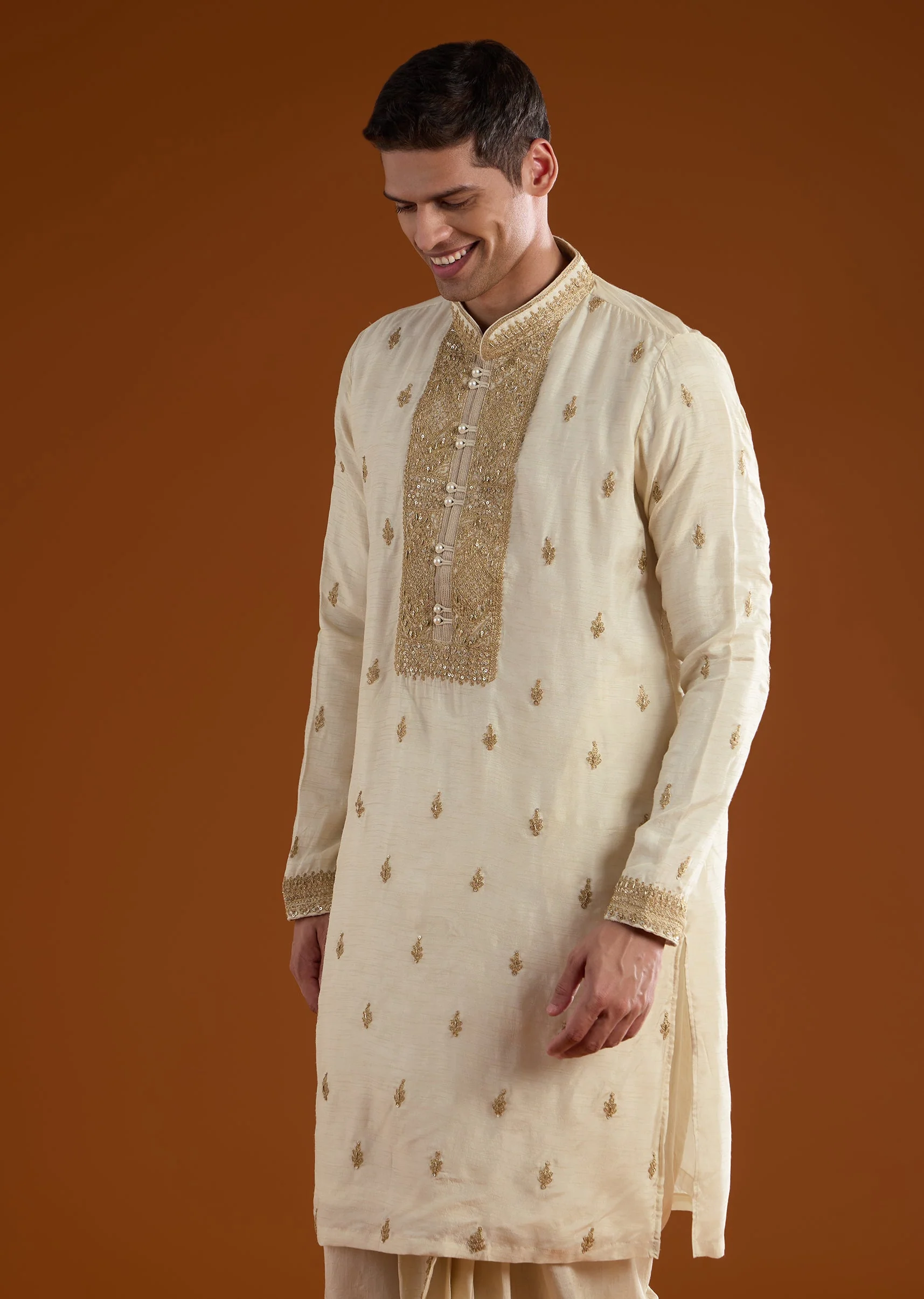 Beige Silk Mens Kurta Set With Thread Zari And Dori Work - Image 6