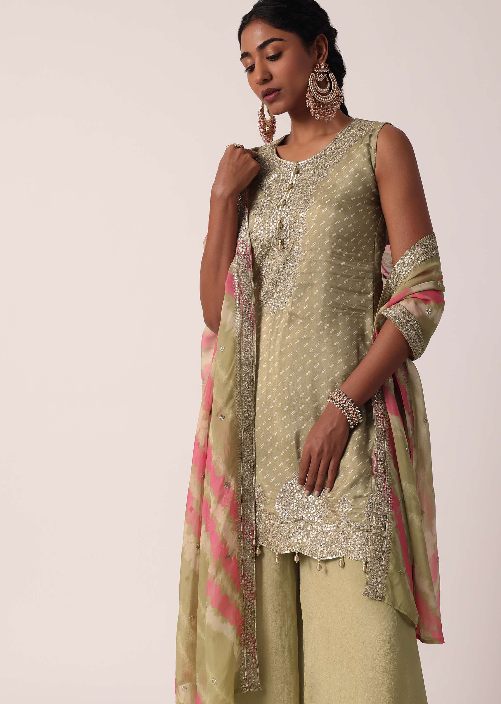 Beige Silk Palazzo Set With Leheriya Dupatta - Image 4