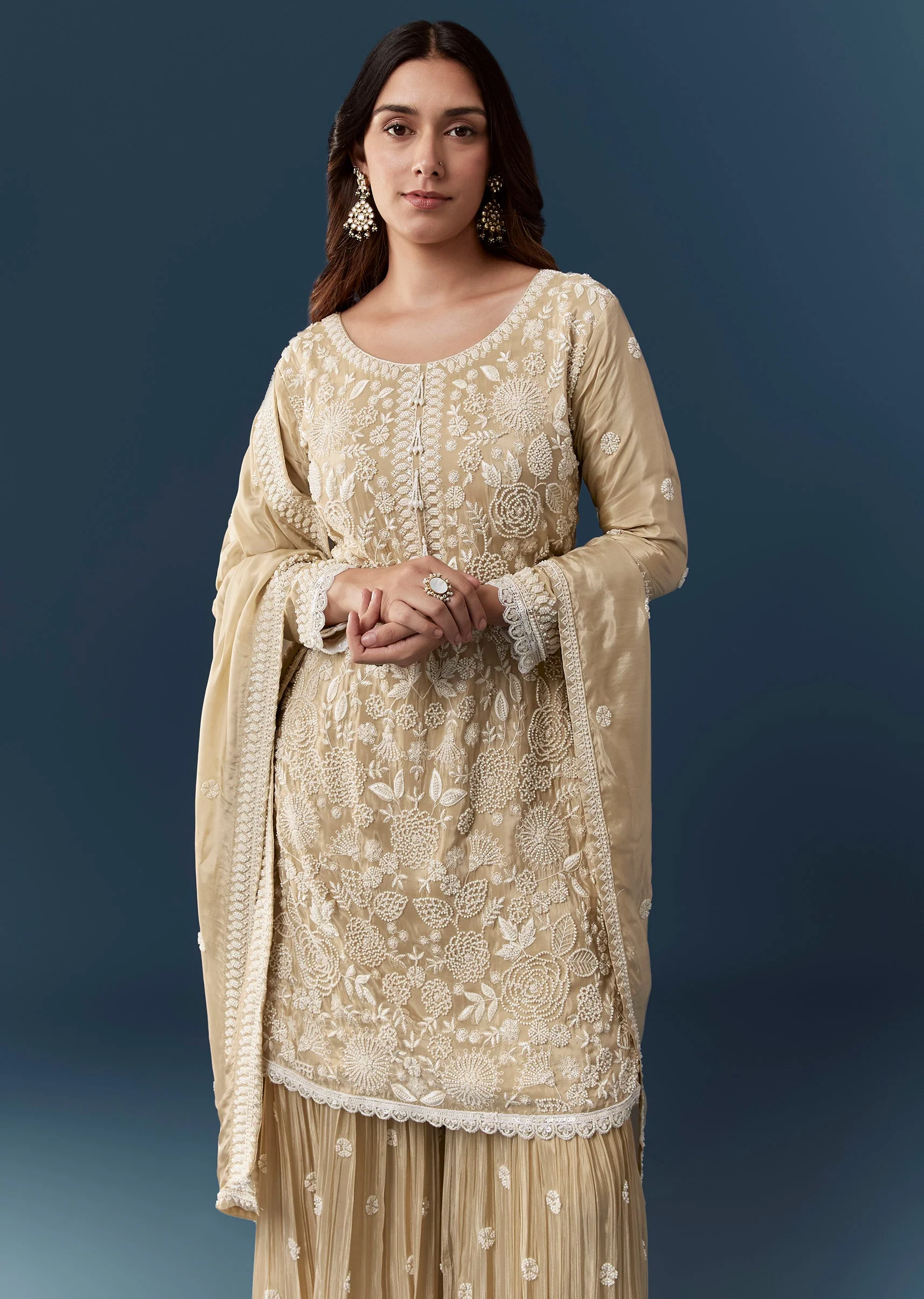 Beige Silk Resham Work Kurta Sharara Set - Image 4
