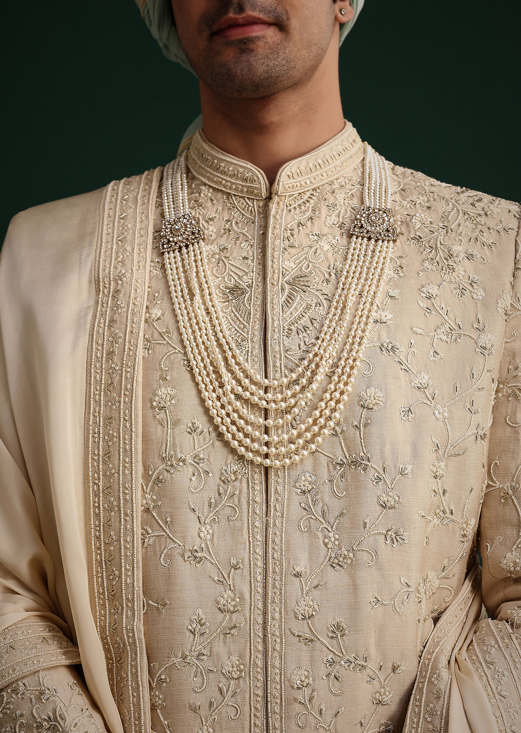 Beige Silk Sherwani Set With Zardozi Work - Image 2