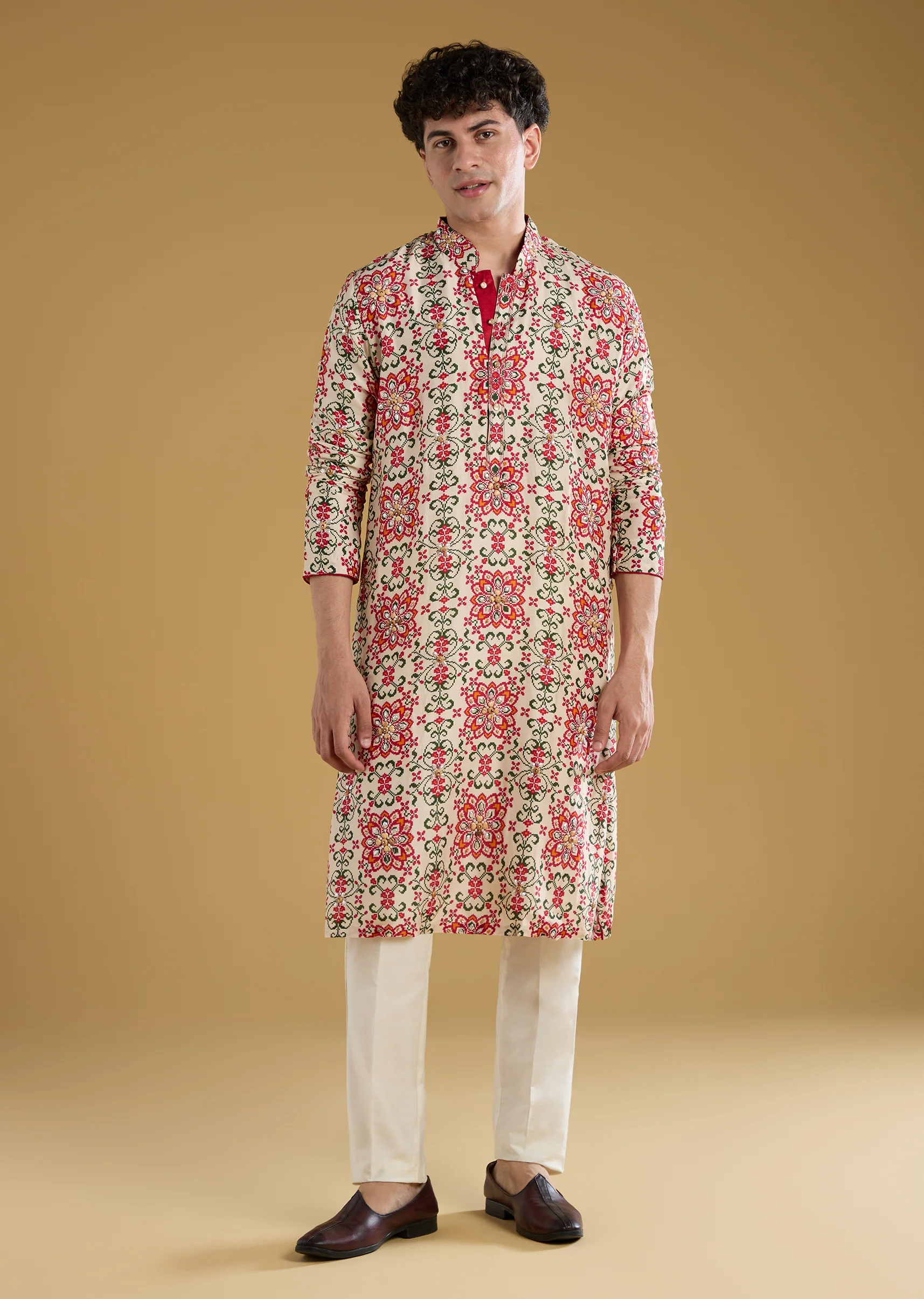 Beige Silk Stone Cutdana Embroidered Kurta Set