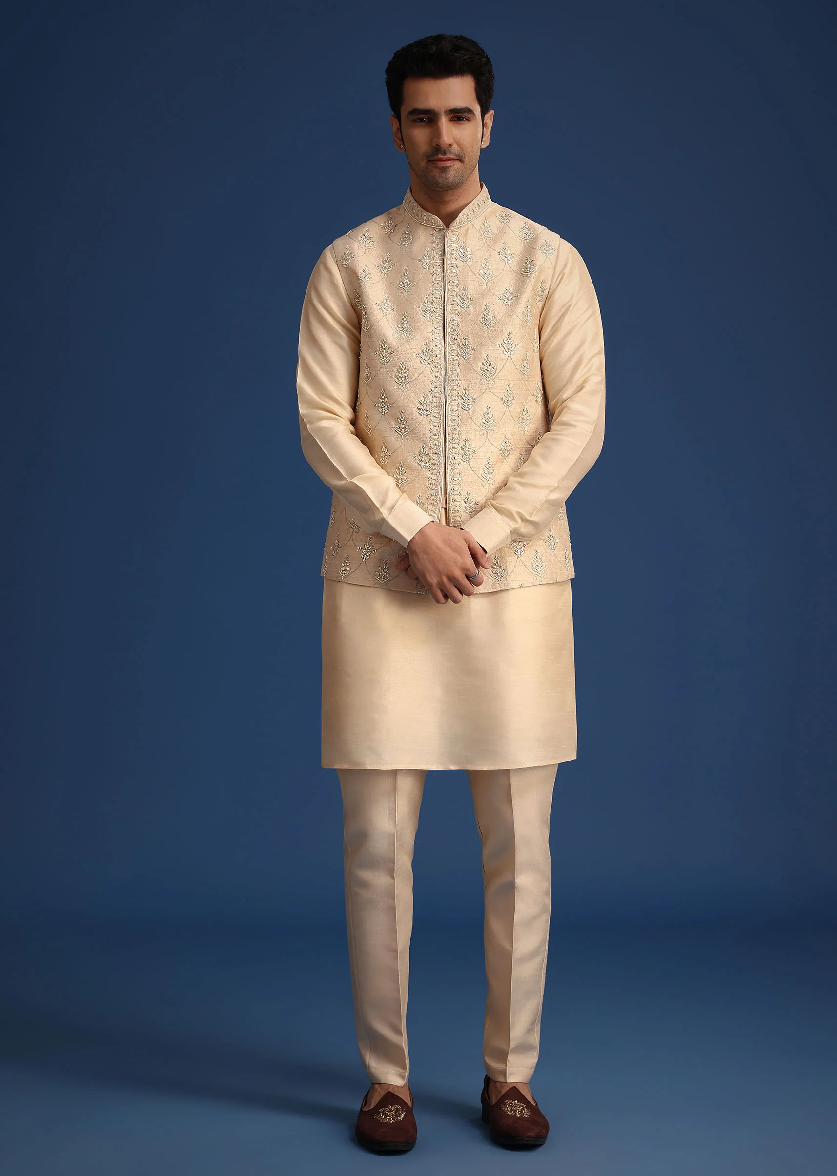 Beige Silk Zardozi Work Jacket And Kurta Set - Image 3
