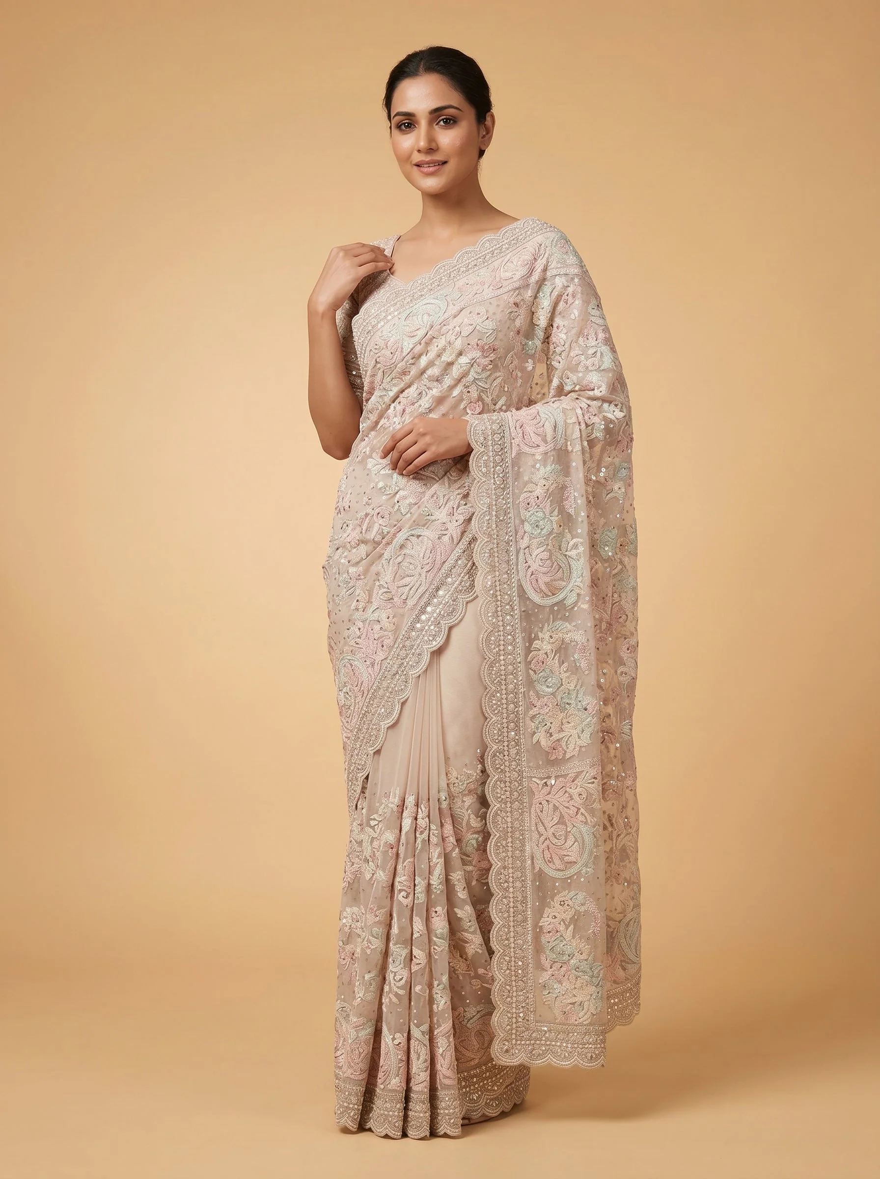 Beige Soft Embroidered Saree