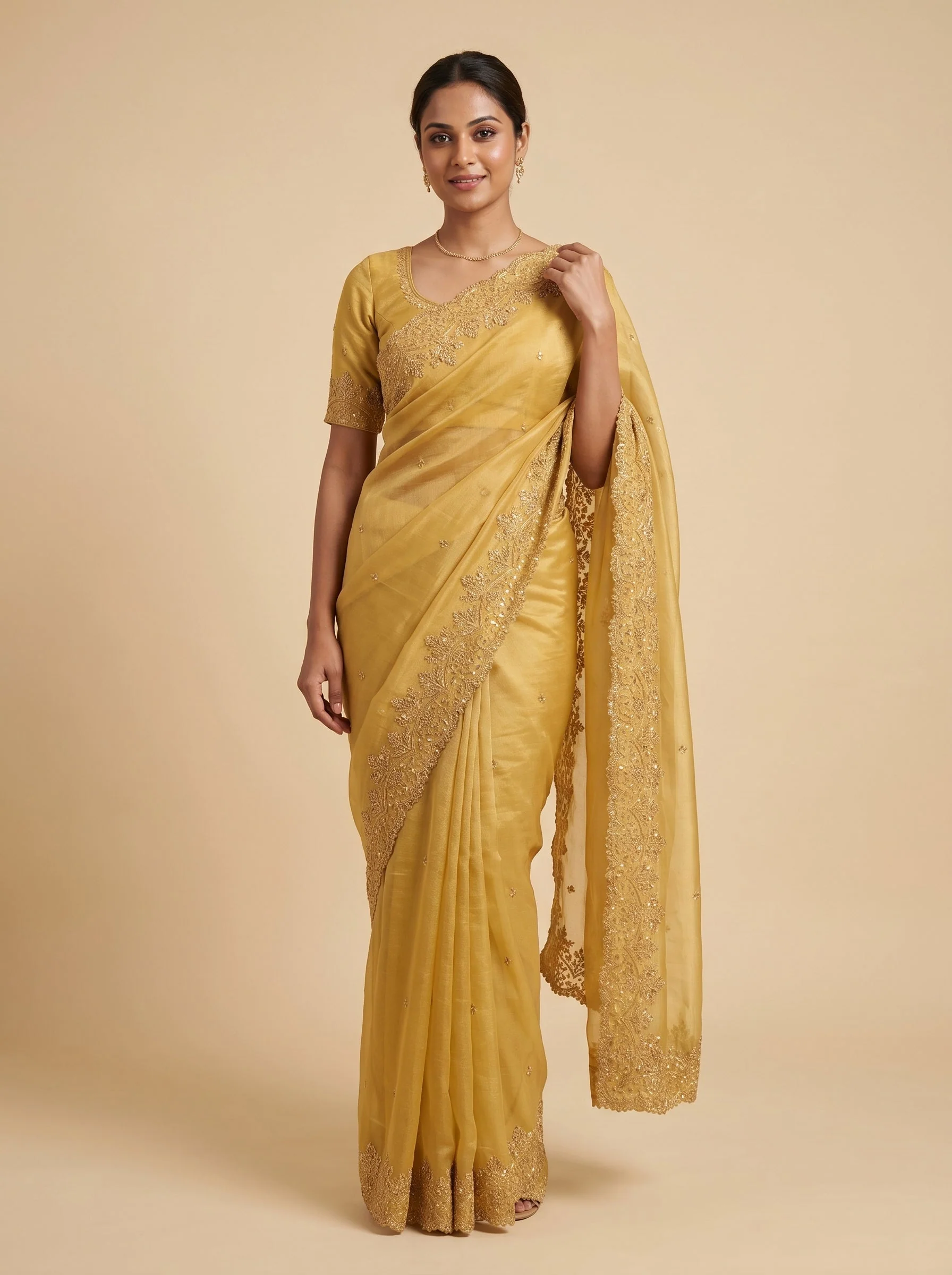 Beige Soft Sand Embroidered Saree