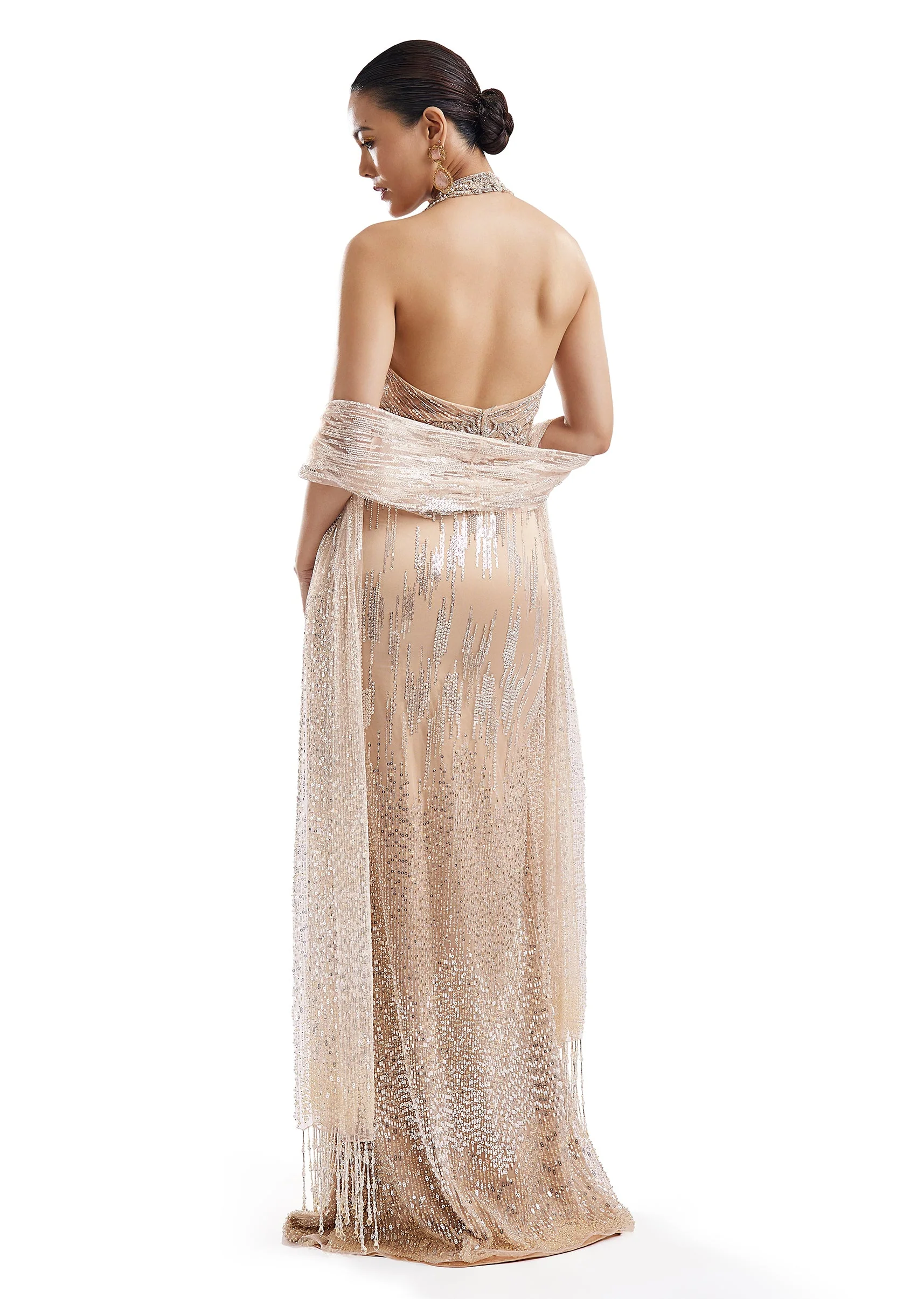 Beige Statement Halter Skirt Set With Dupatta - Image 2