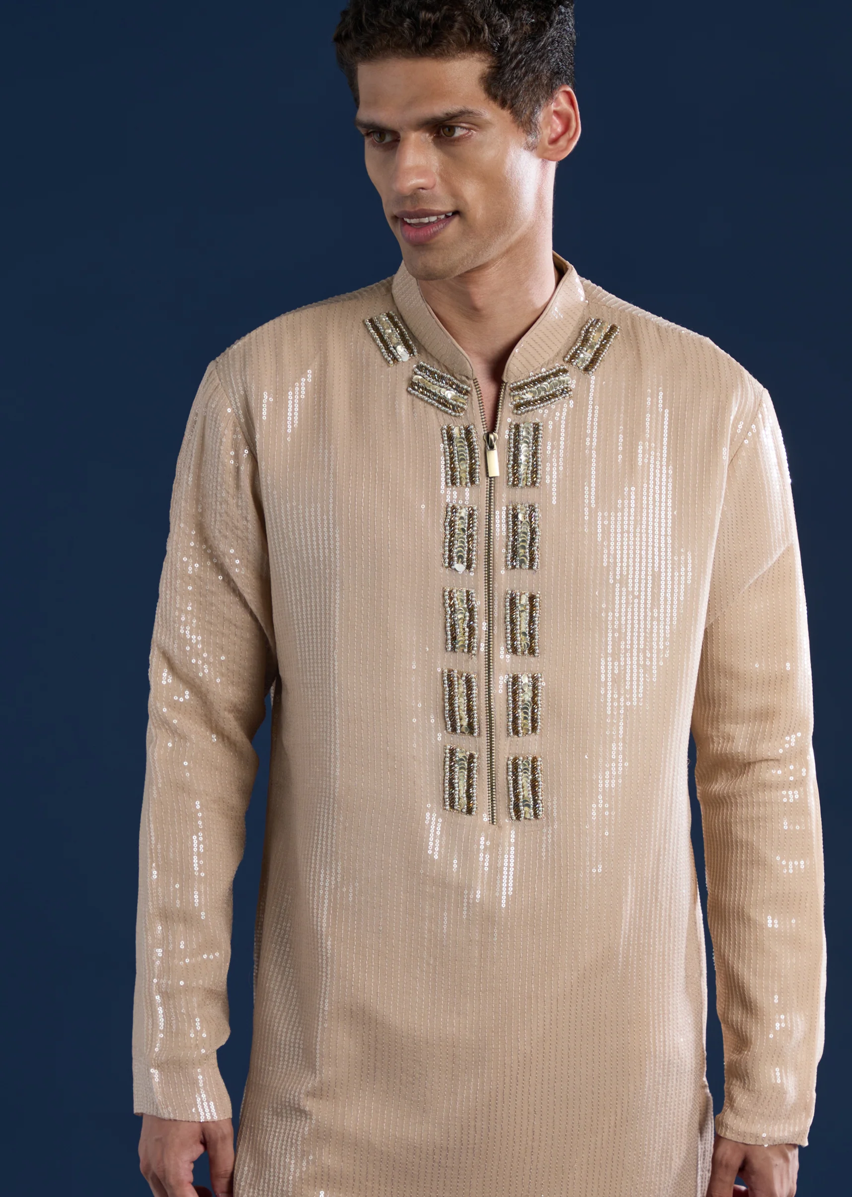 Beige Statement Pairing – Zardozi Sequin Palazzo Suit For Her And Beige Sequin Kurta Pant Set For Him - Image 5