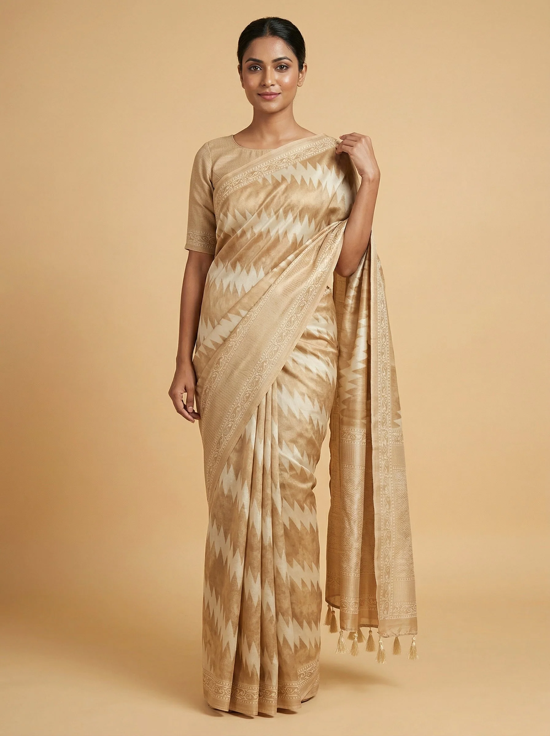 Beige Tailored Embroidered Saree