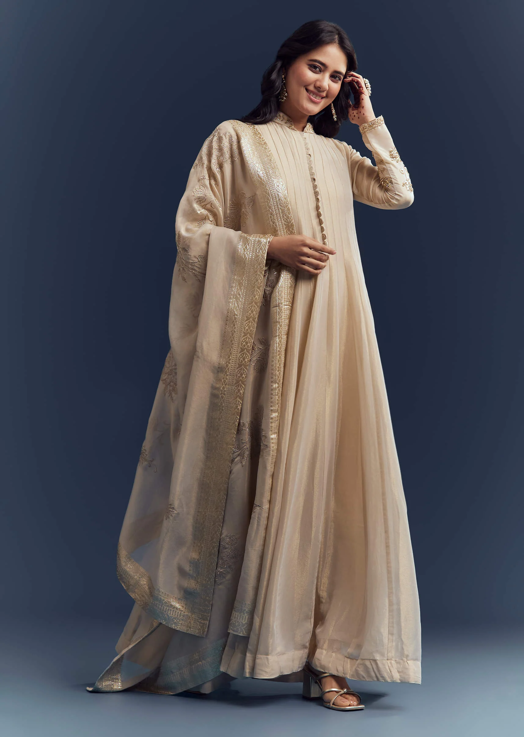Beige Tissue Anarkali Suit With Delicate Zari Embroidery - Image 4