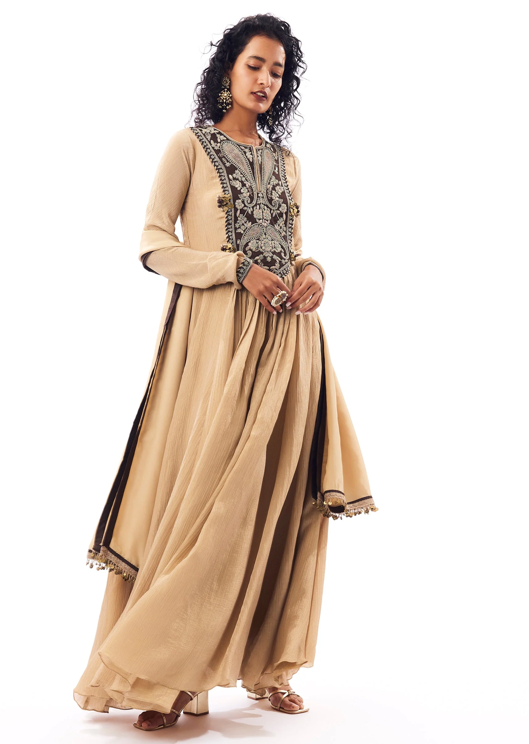 Beige Tissue Anarkali With Rich Zardosi Detailing - Image 2