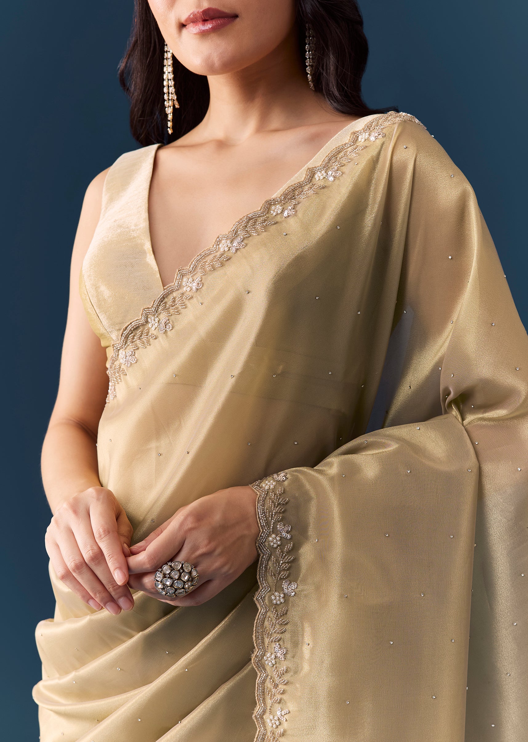 Beige Tissue Embellished Saree with Unstitched Blouse - Image 2