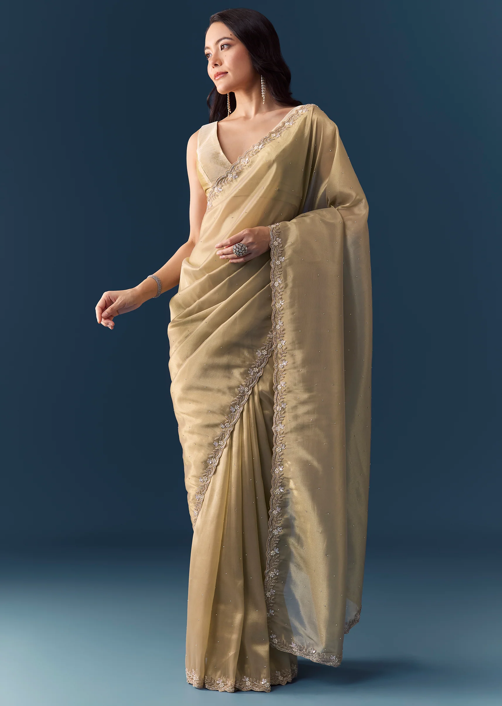 Beige Tissue Embellished Saree with Unstitched Blouse - Image 3