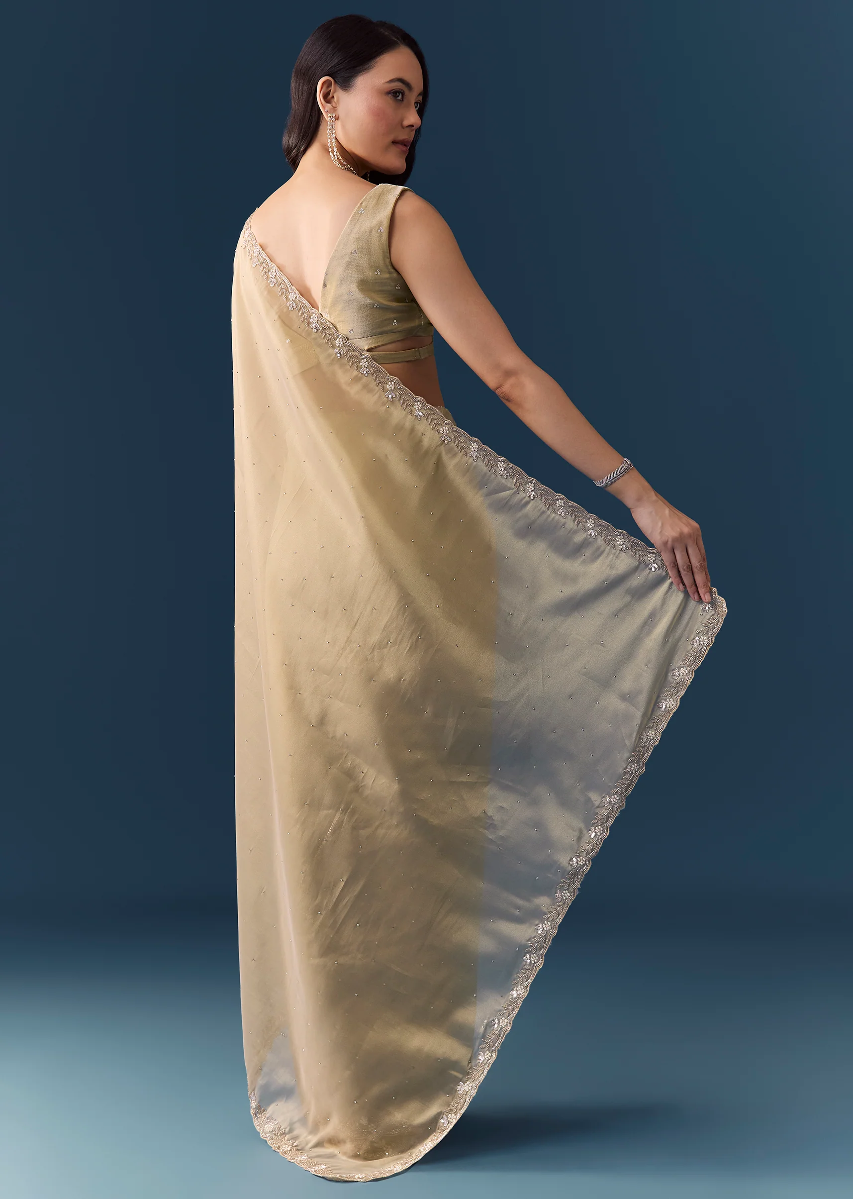 Beige Tissue Embellished Saree with Unstitched Blouse - Image 5