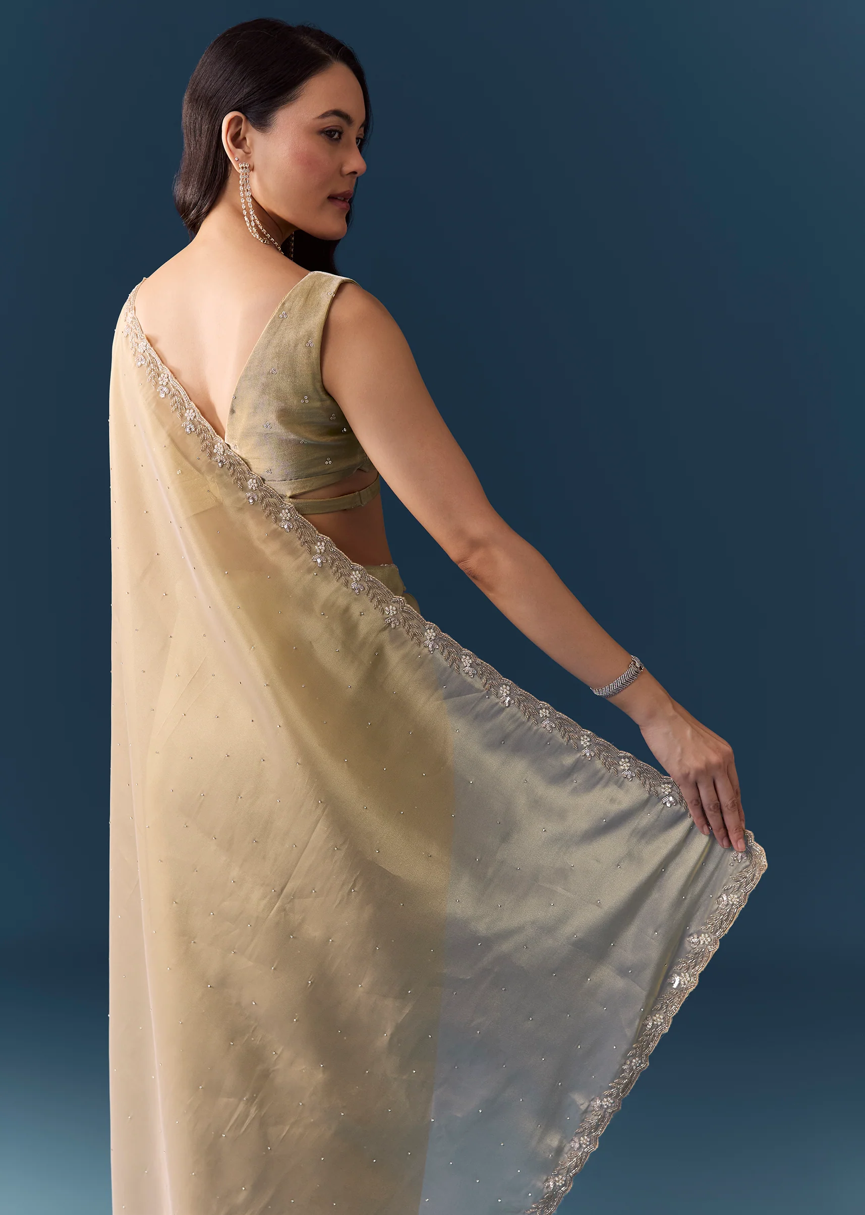 Beige Tissue Embellished Saree with Unstitched Blouse - Image 6