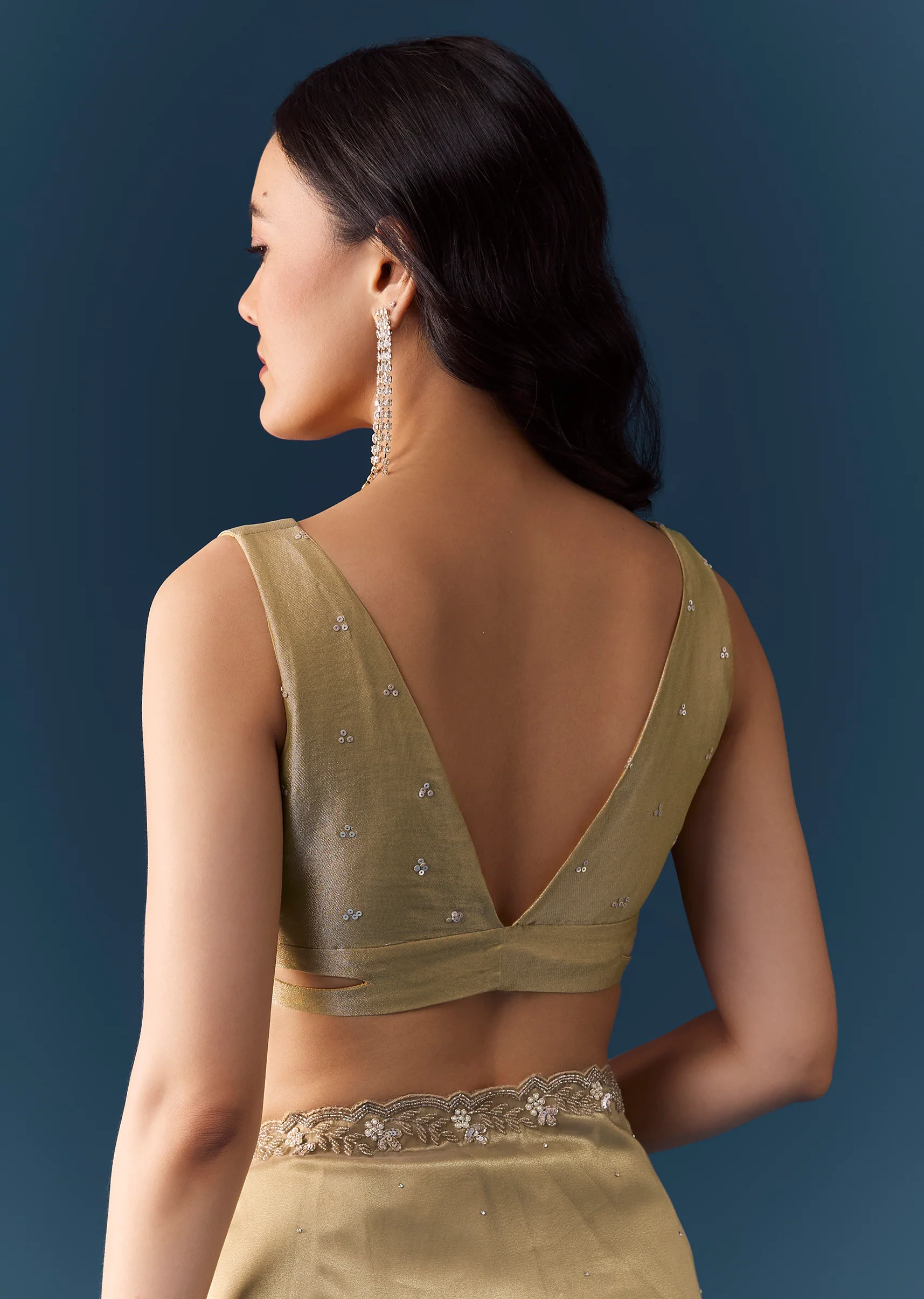 Beige Tissue Embellished Saree with Unstitched Blouse - Image 8
