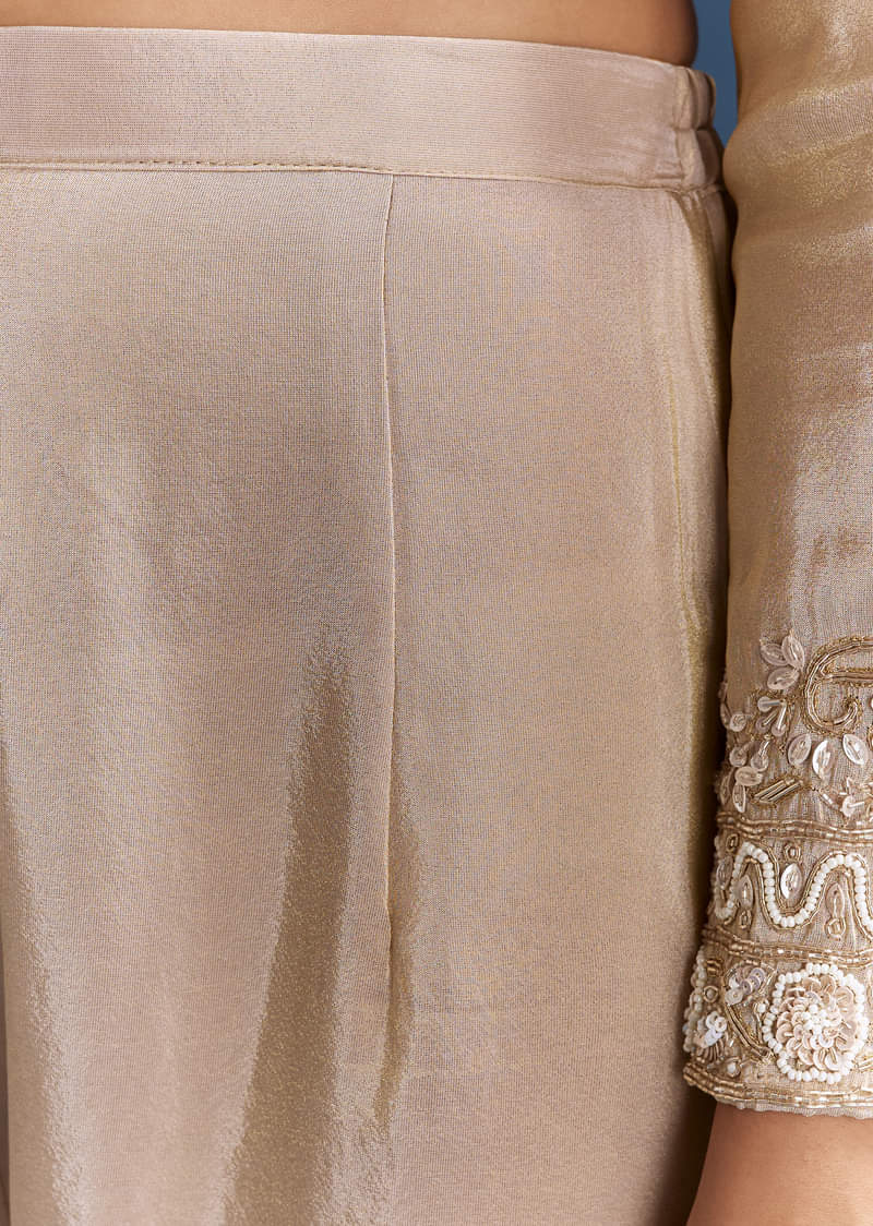 Beige Tissue Kurta Set With Organza Dupatta - Image 5